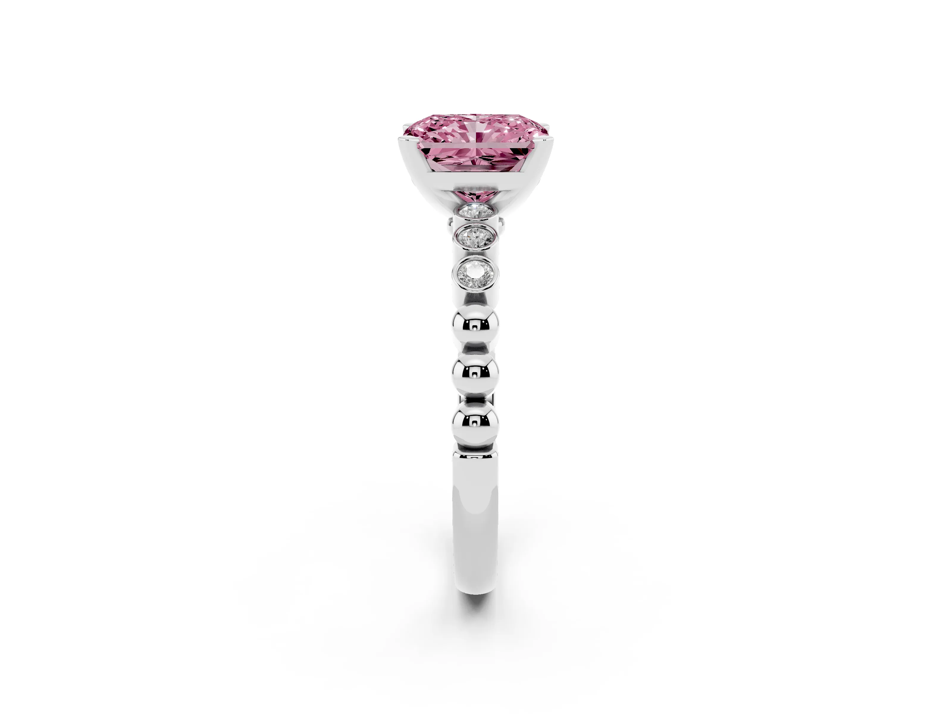 Fancy Pink Radiant Cut Diamond Solitaire Engagement Ring Set in White gold with Bezel Accents on Beaded Band