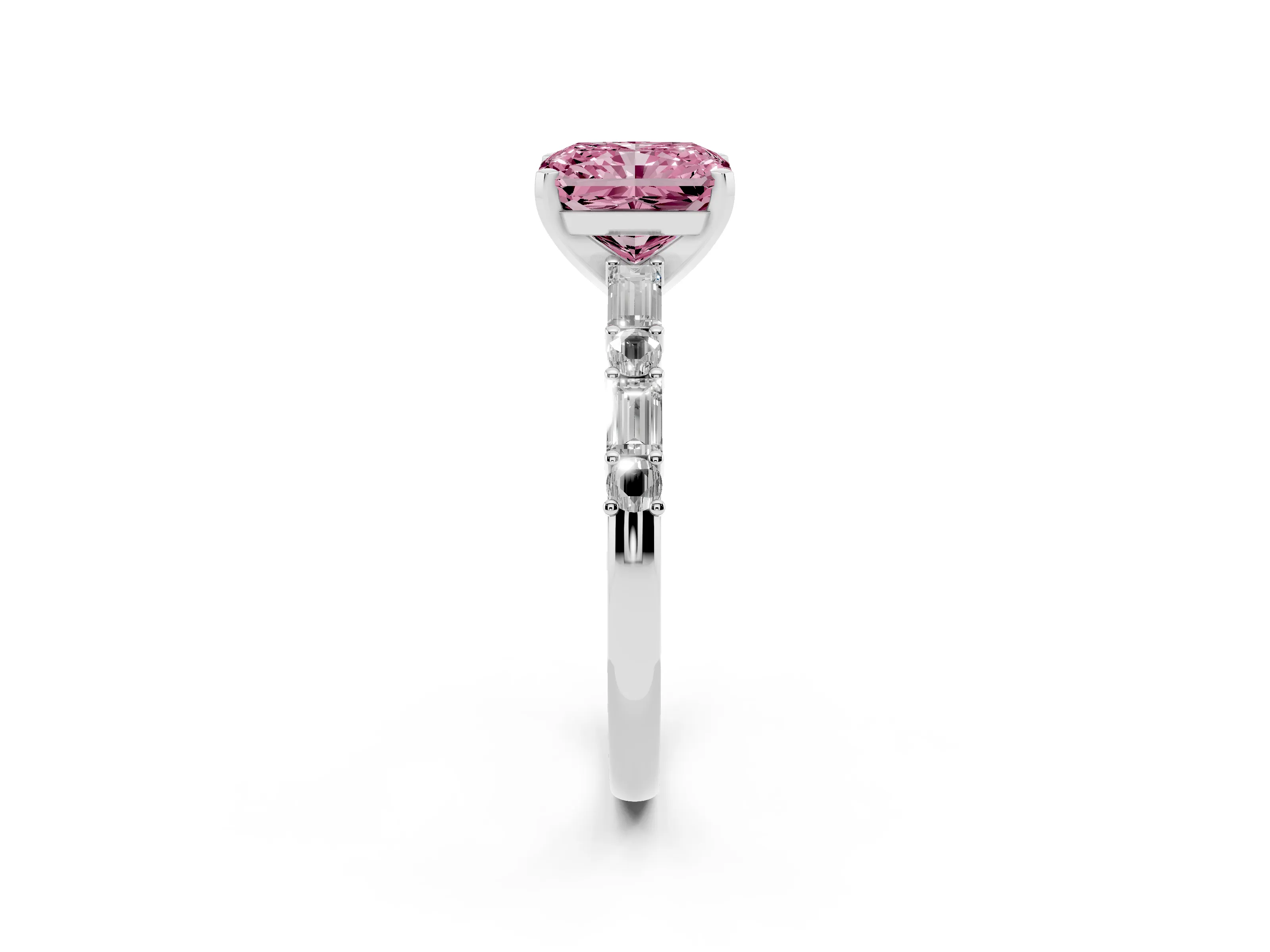 Fancy Pink Radiant Cut Diamond Solitaire Set in Platinum with Side Baguettes and Channel Set Band