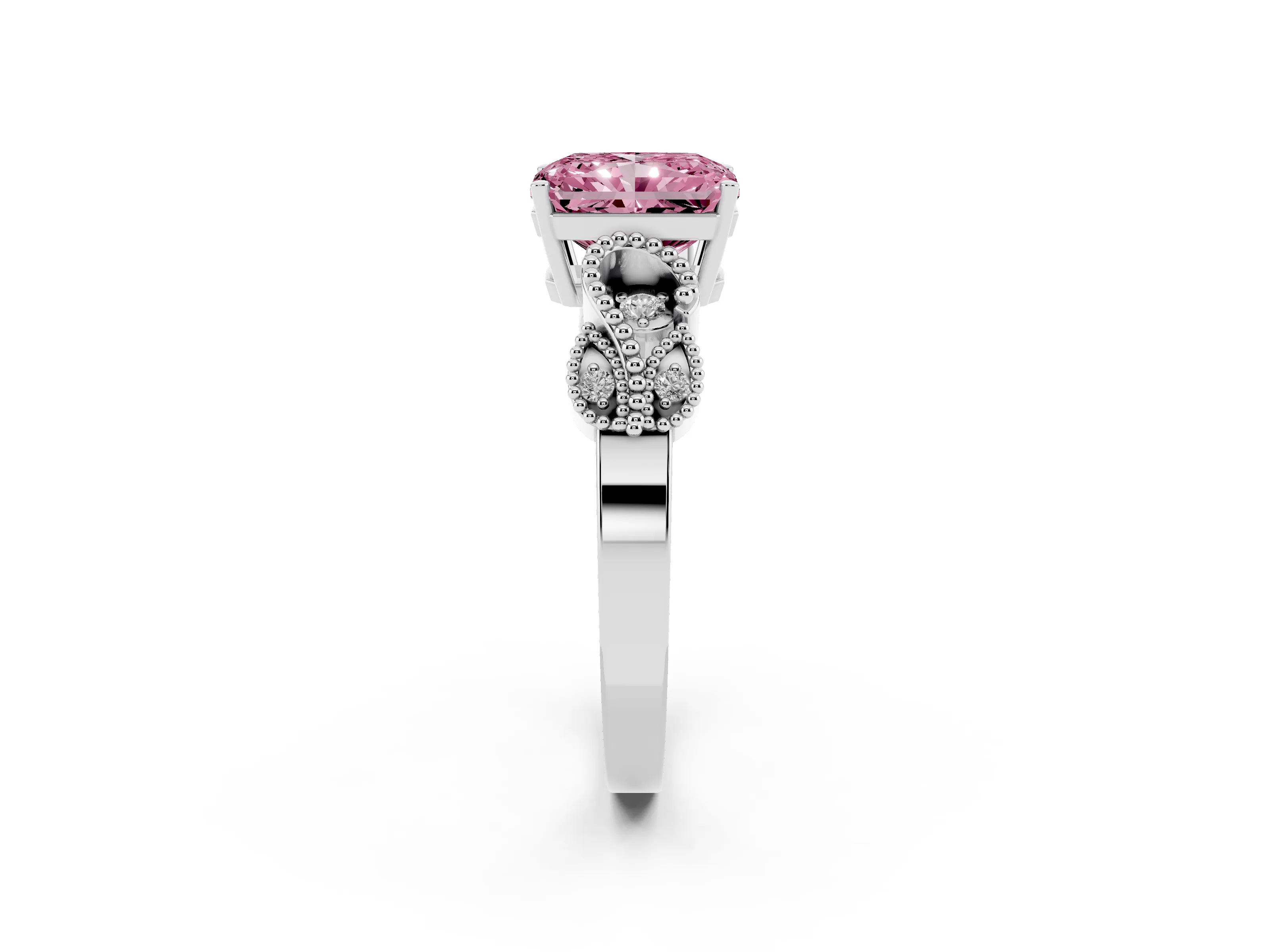 Fancy Pink Radiant Cut Diamond Milgrain Leaf Band Solitaire Ring Set in Platinum with Accent Stones and Prong Setting