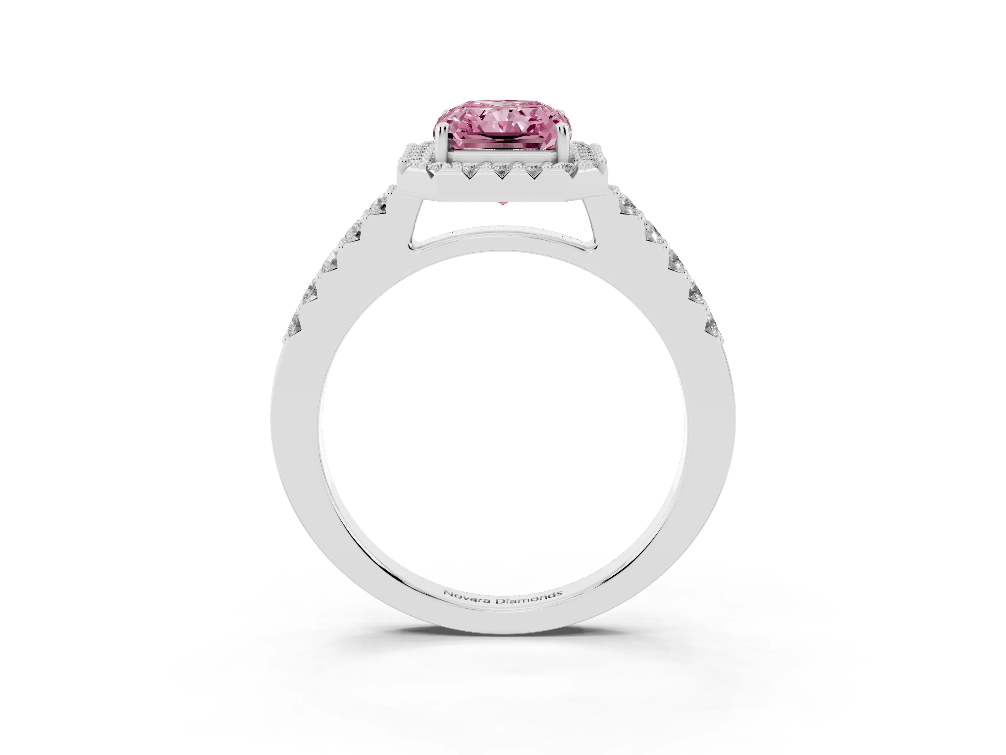 Fancy Pink Radiant Cut Diamond Halo Pavé Solitaire Ring Set in White gold with Prong-Set Center Stone