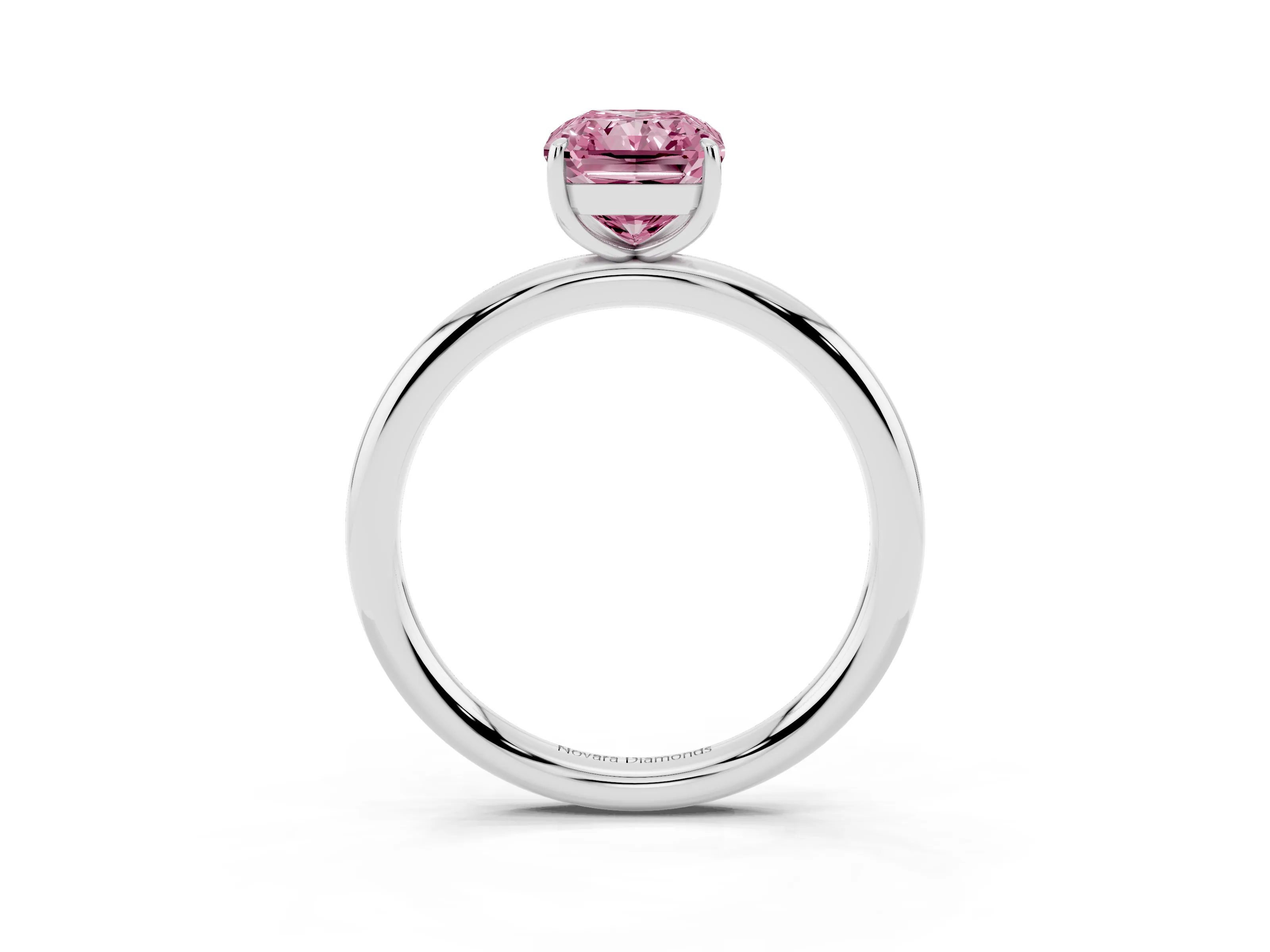Fancy Pink Radiant Cut Diamond Solitaire Ring Set in White gold with Prong Setting on a Polished Plain Band