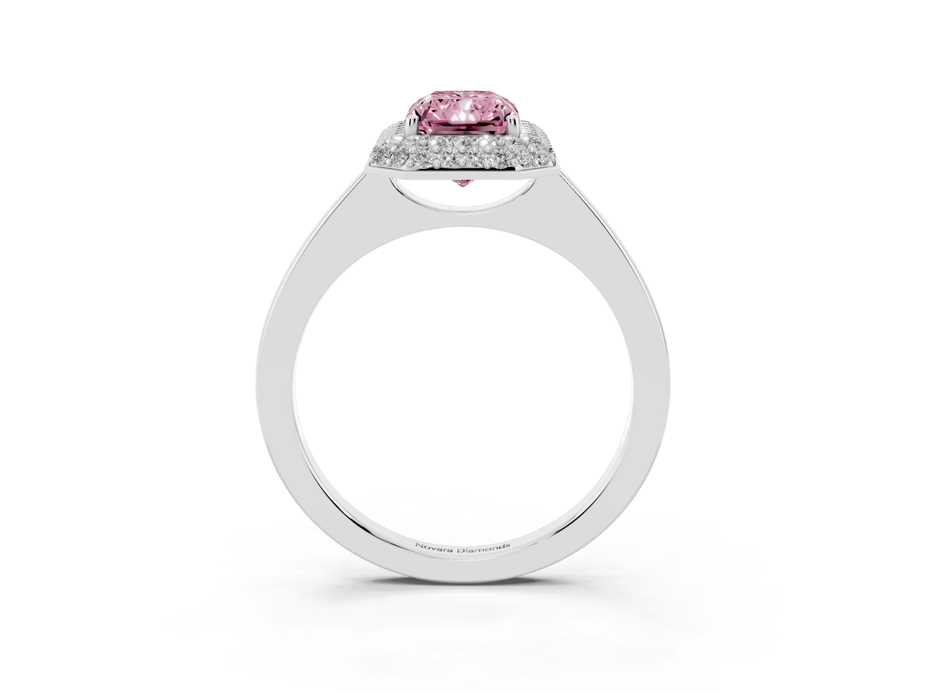 Fancy Pink Radiant Cut Diamond Halo Engagement Ring Set in Platinum with Solitaire Band and Prong Setting