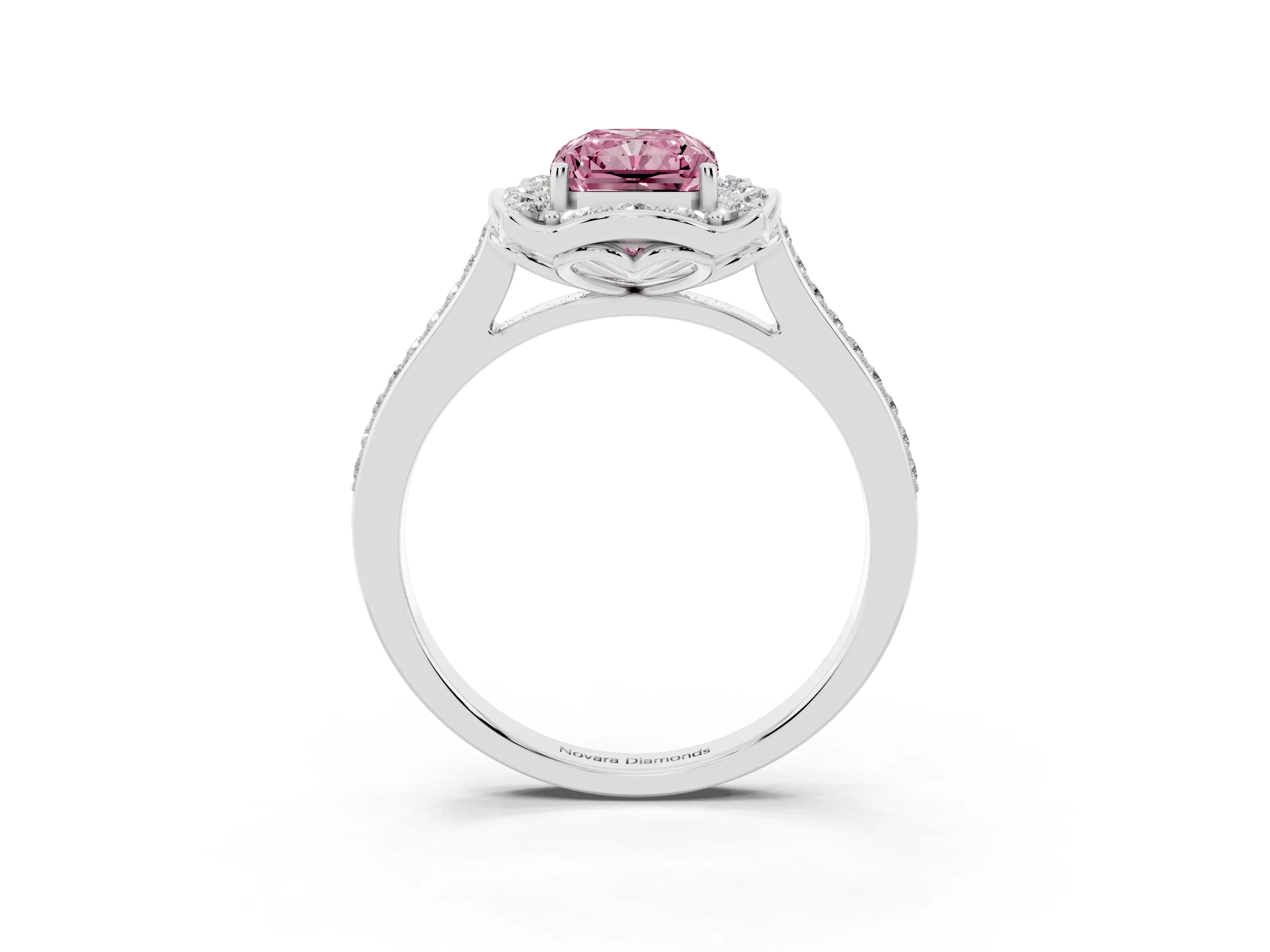 Fancy Pink Radiant Cut Diamond Halo Ring Set in Platinum with Pavé-Lined Shoulders and Prong Setting