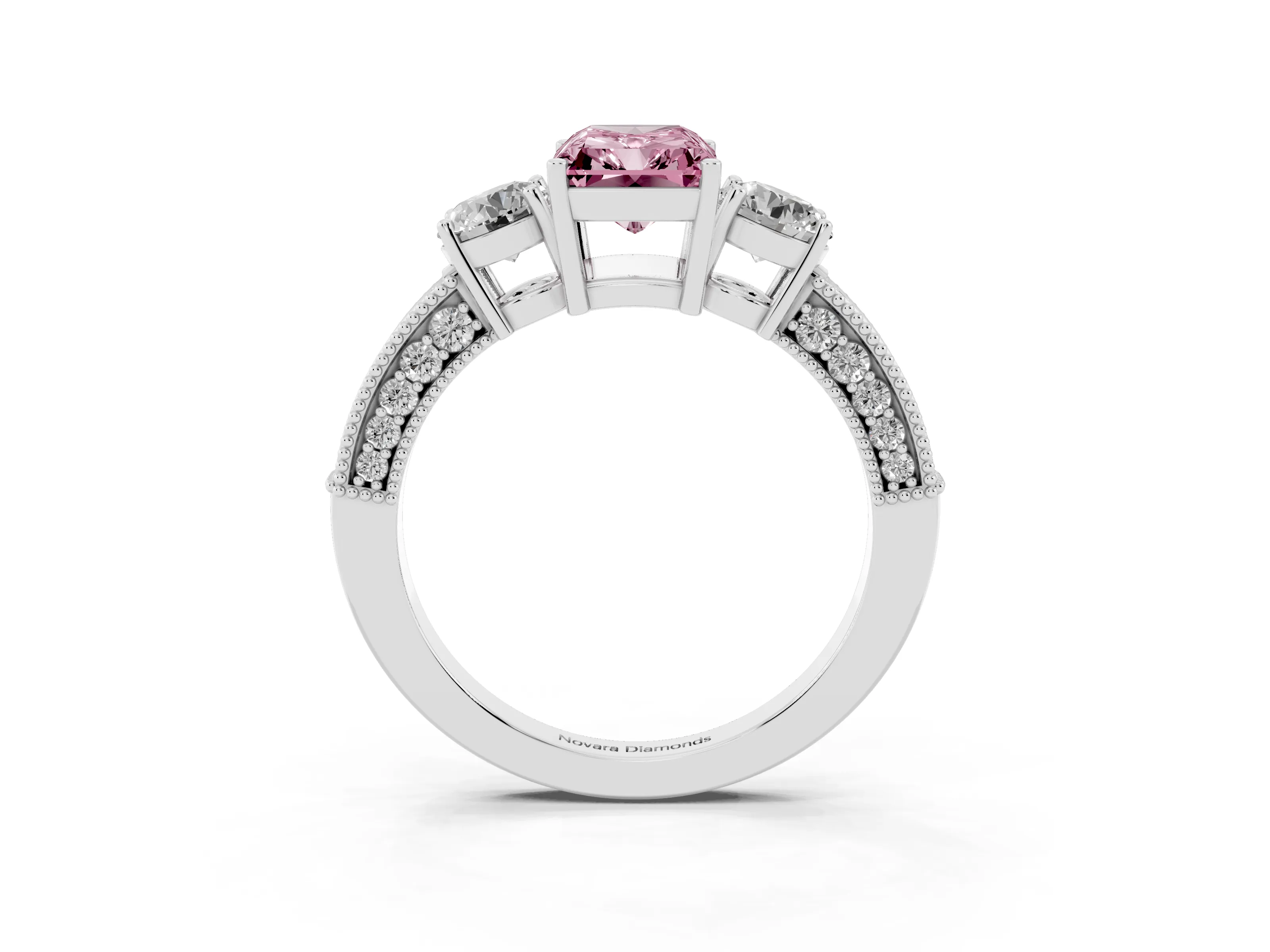 Fancy Pink Radiant Cut Diamond Three-Stone Ring Set in Platinum with Round Side Stones and Pavé Band