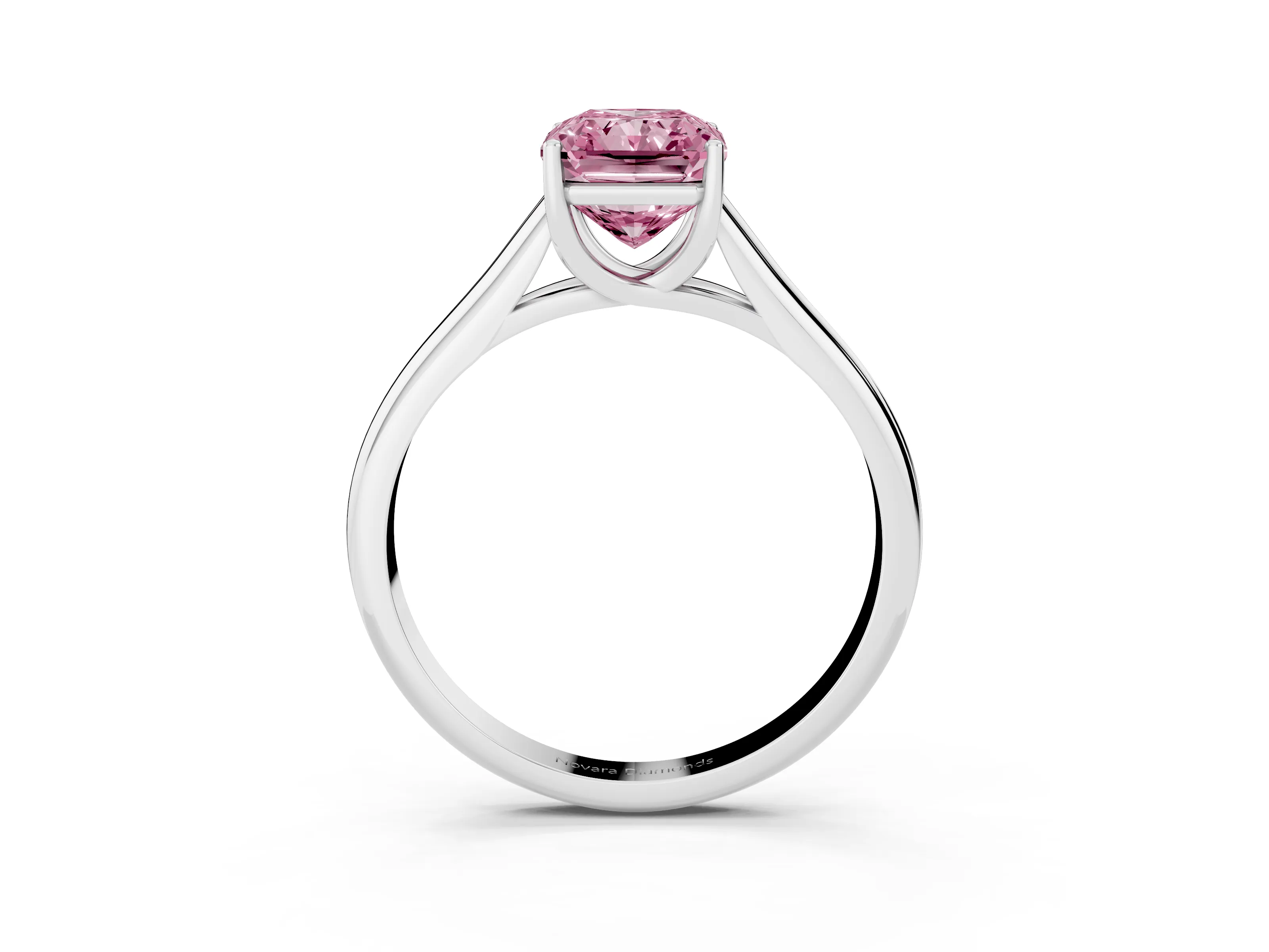Fancy Pink Radiant Cut Diamond Solitaire Engagement Ring Set in White gold with Subtly Tapered Band and Prong Setting