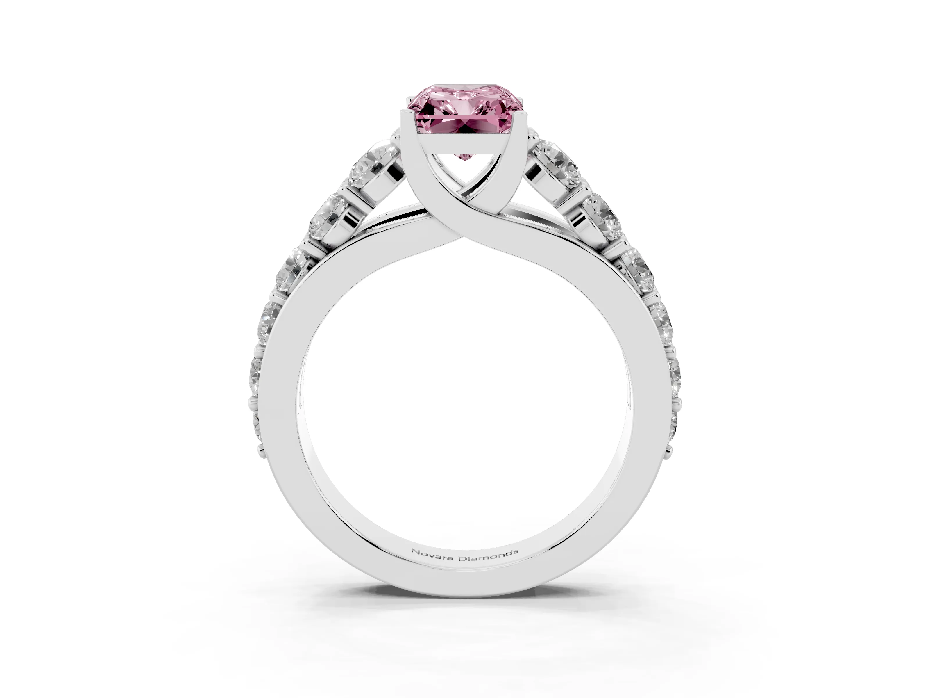 Fancy Pink Radiant Cut Diamond Pavé Engagement Ring Set in White gold with Prong Setting