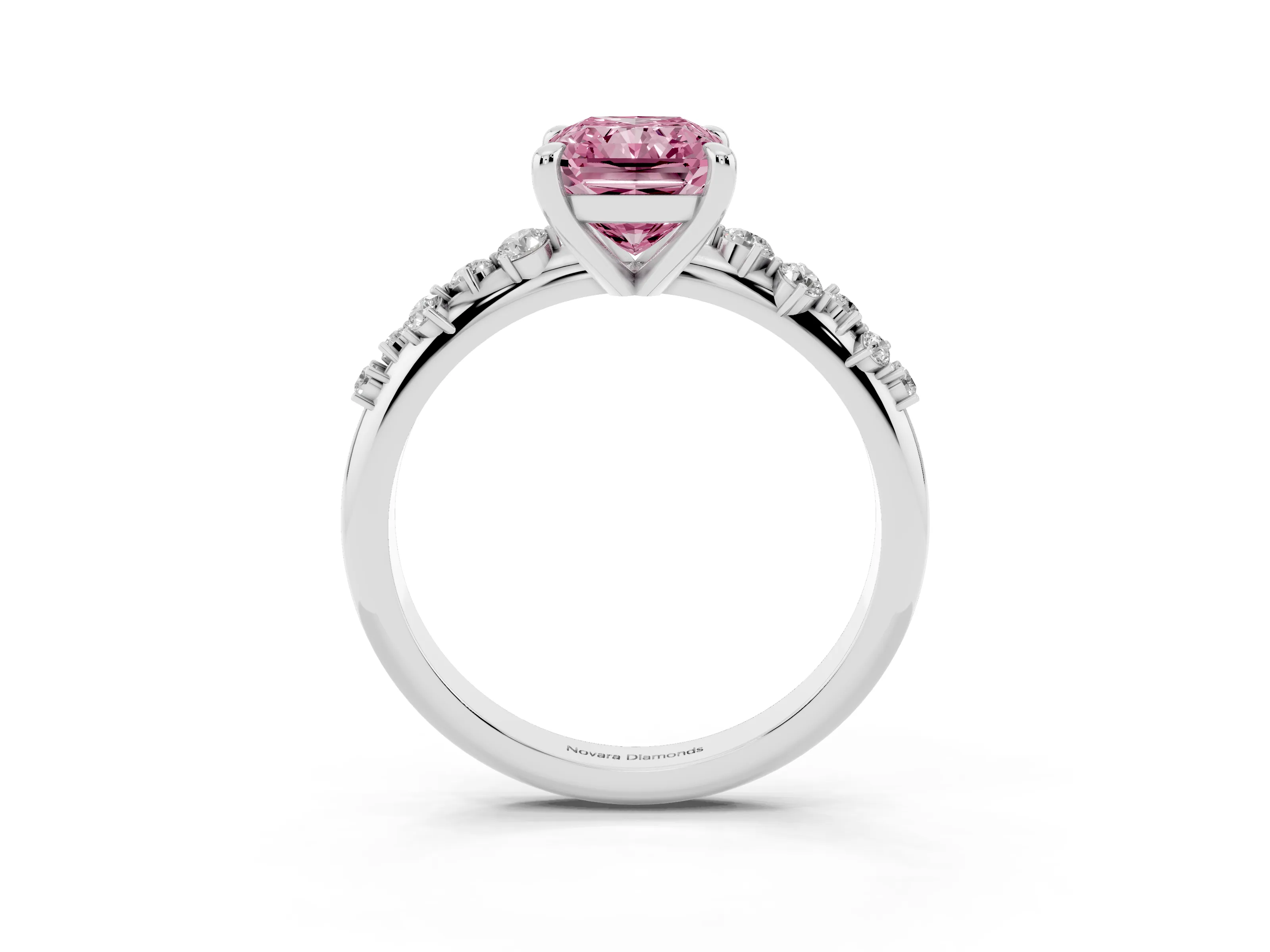 Fancy Pink Radiant Cut Diamond Solitaire Vine Band Ring Set in Silver with Round Accents and Prong Setting