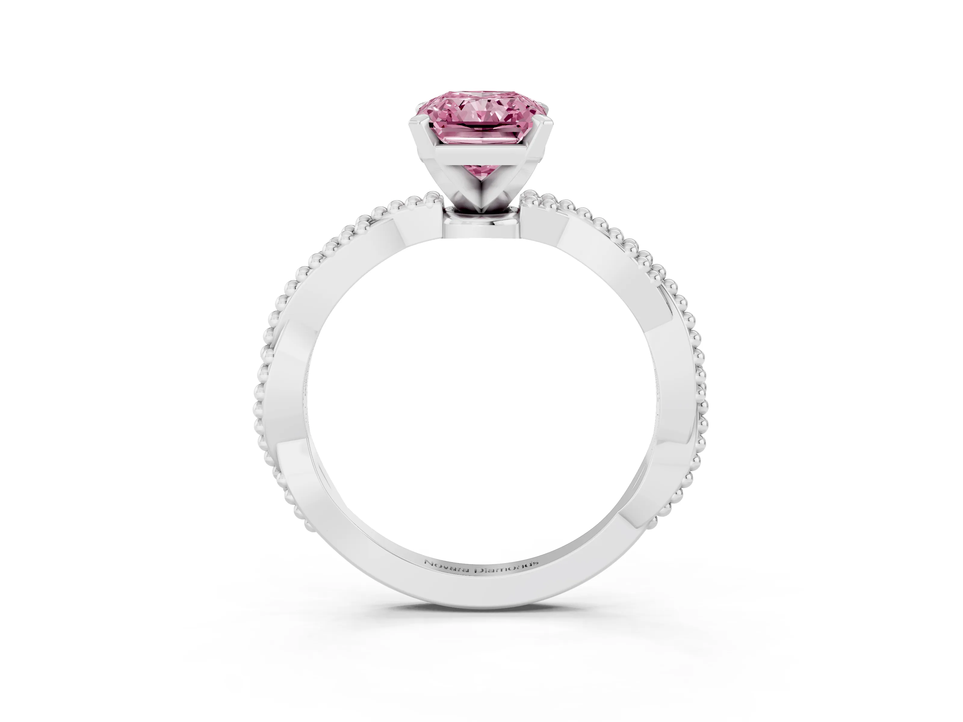Fancy Pink Radiant Cut Diamond Solitaire Ring Set in Platinum with Twisted Band and Bead Prong Setting