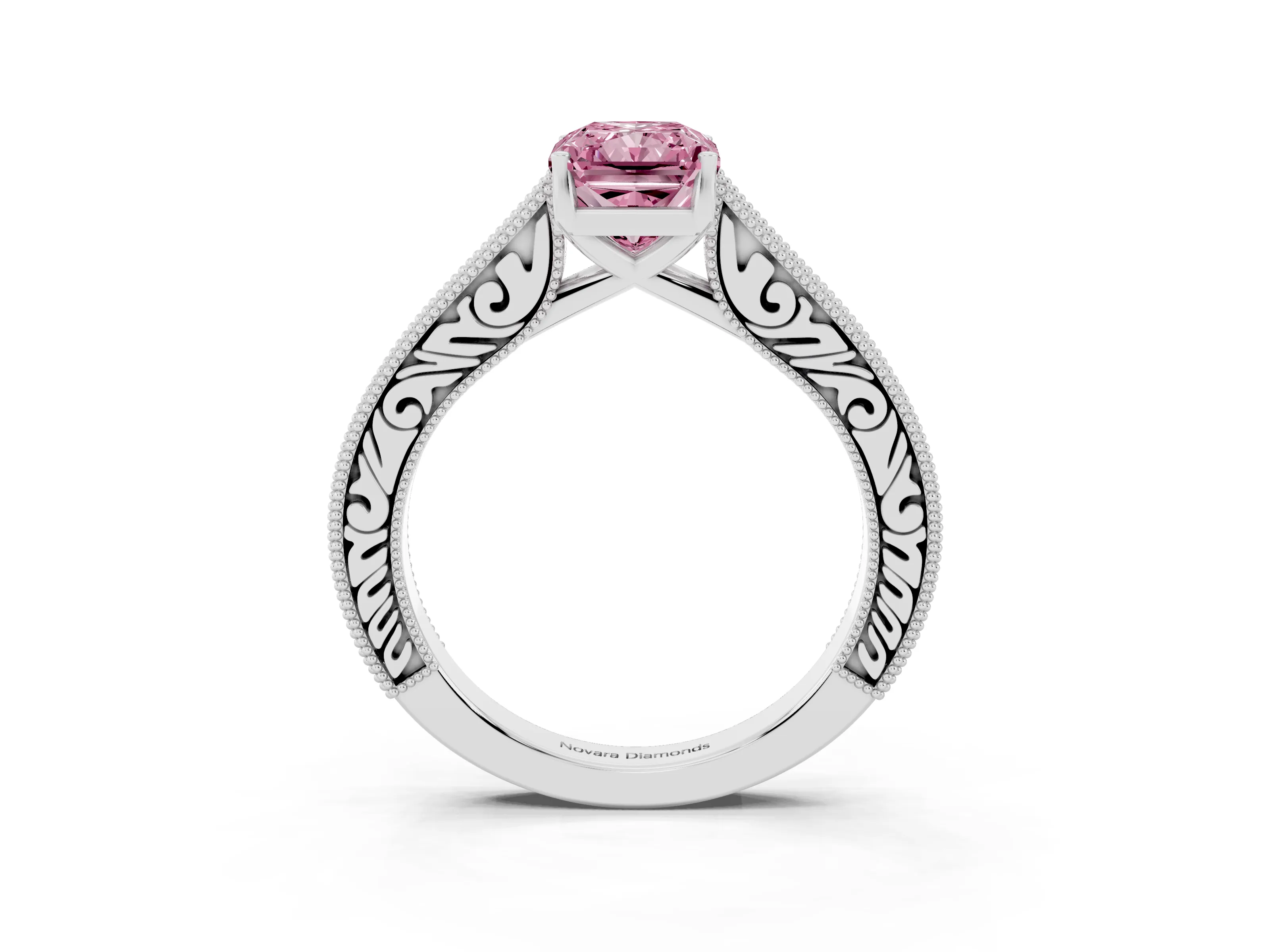 Fancy Pink Radiant Cut Diamond Milgrain Pavé Band Solitaire Ring Set in Platinum with Prong Setting