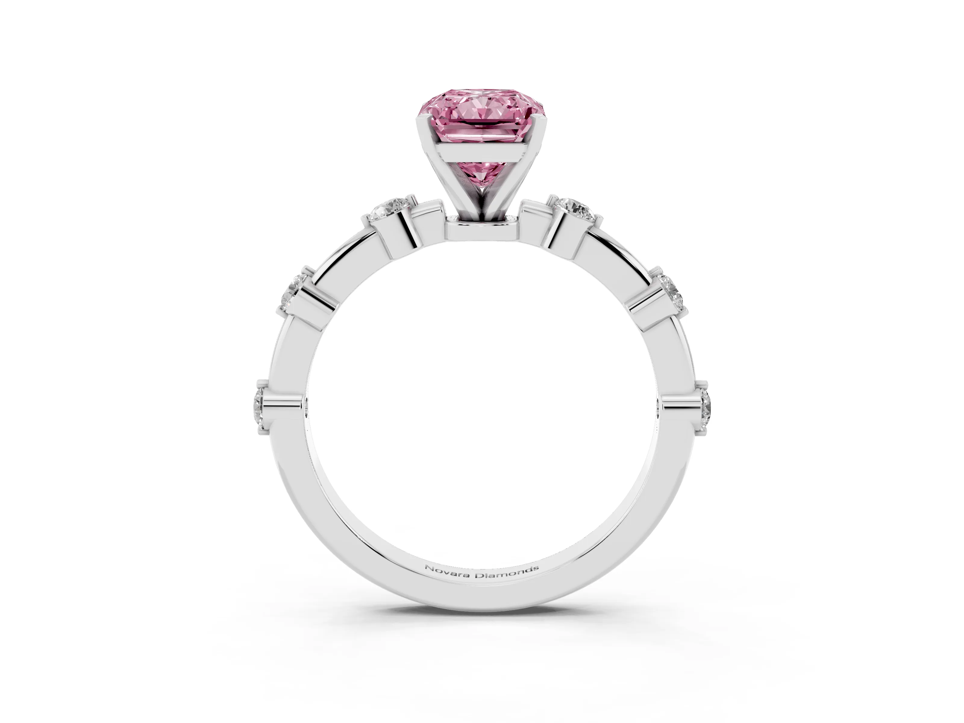 Fancy Pink Radiant Cut Diamond Solitaire Ring Set in Silver with Bezel Set Side Stones and Prong Setting