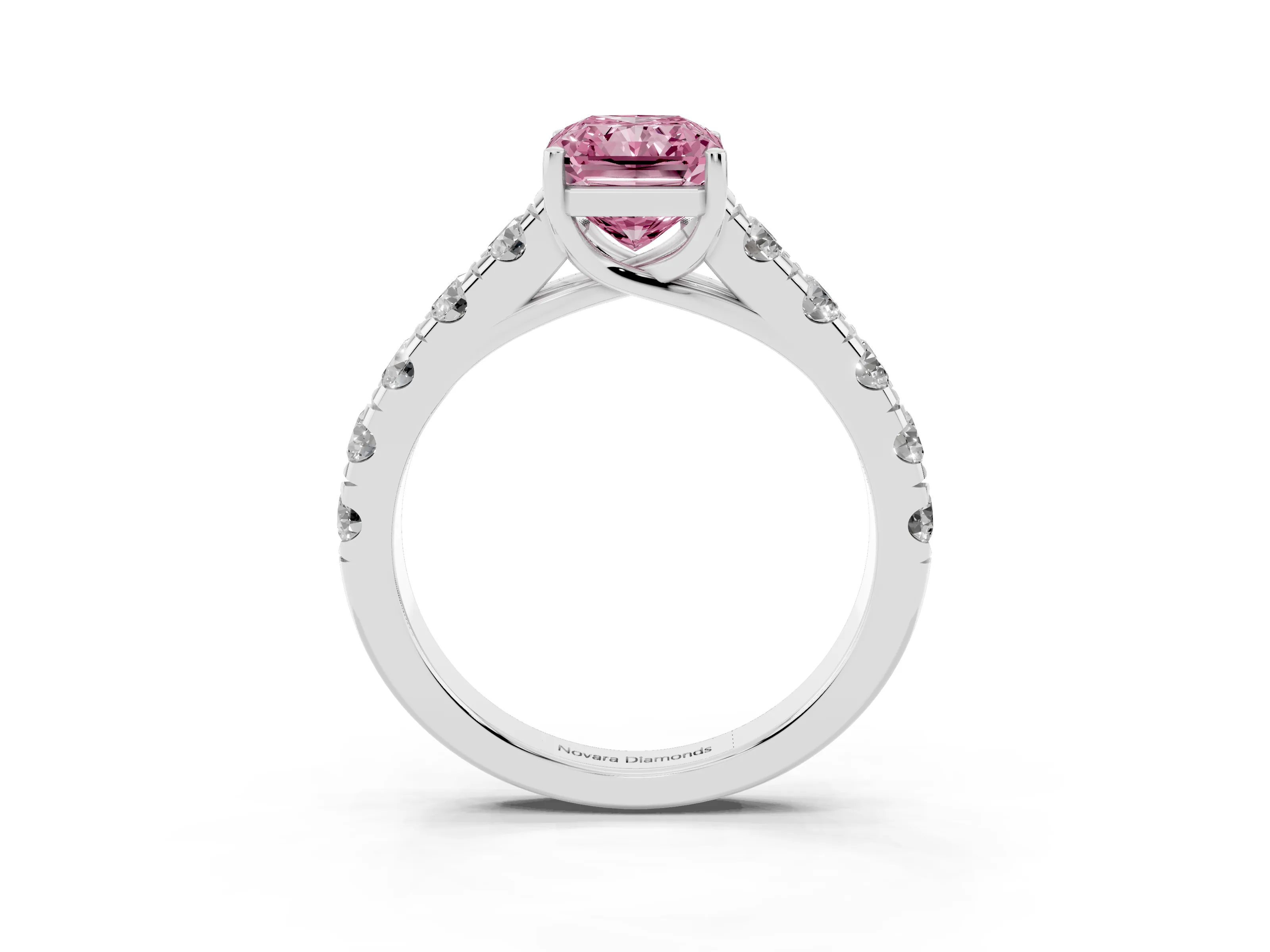 Fancy Pink Radiant Cut Diamond Solitaire Ring Set in Platinum with Cut-Down Micro Pavé Band and Prong Setting