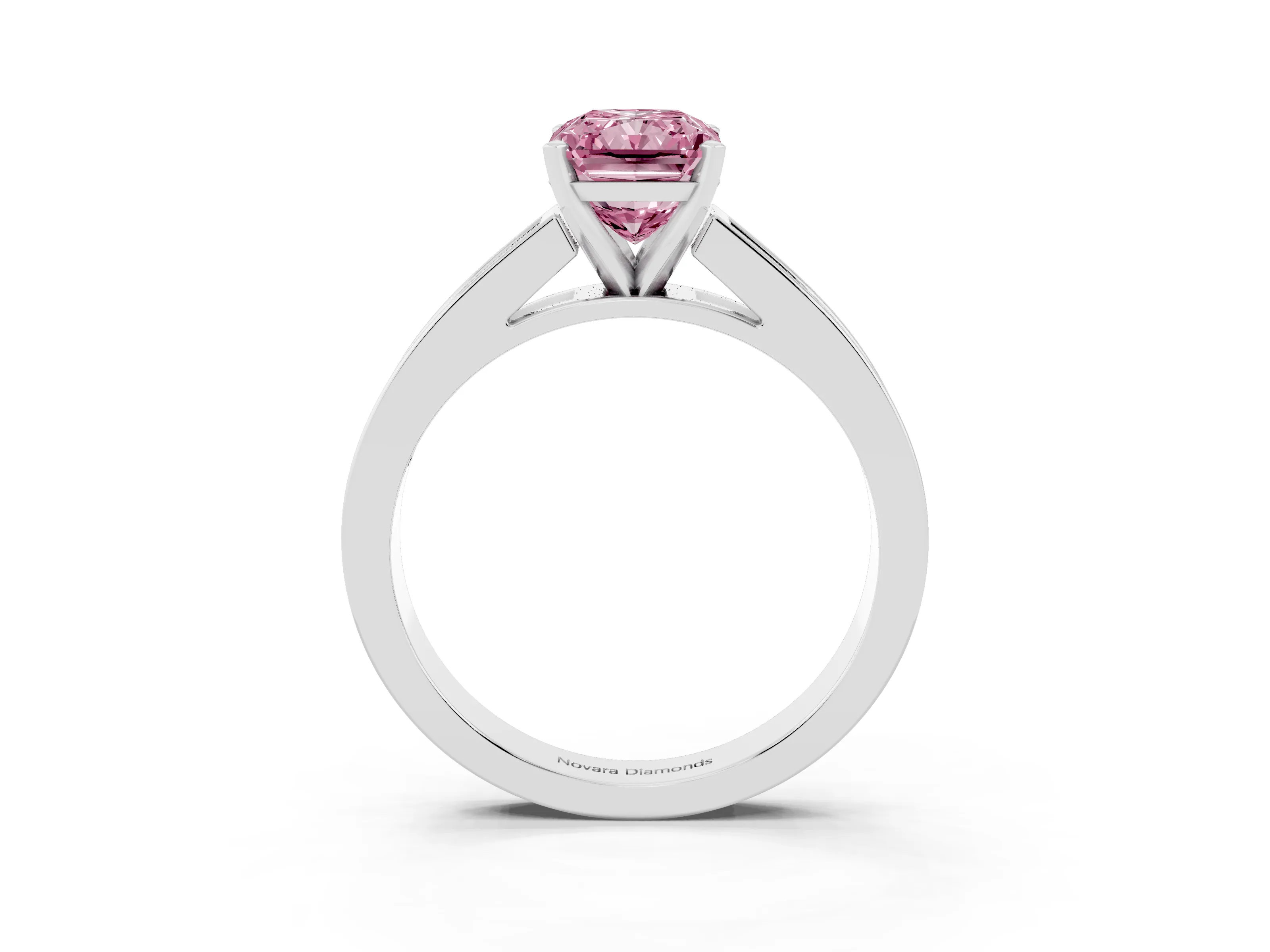 Fancy Pink Radiant Cut Diamond Solitaire Ring Set in White gold with Channel-Set Band and Prong Setting