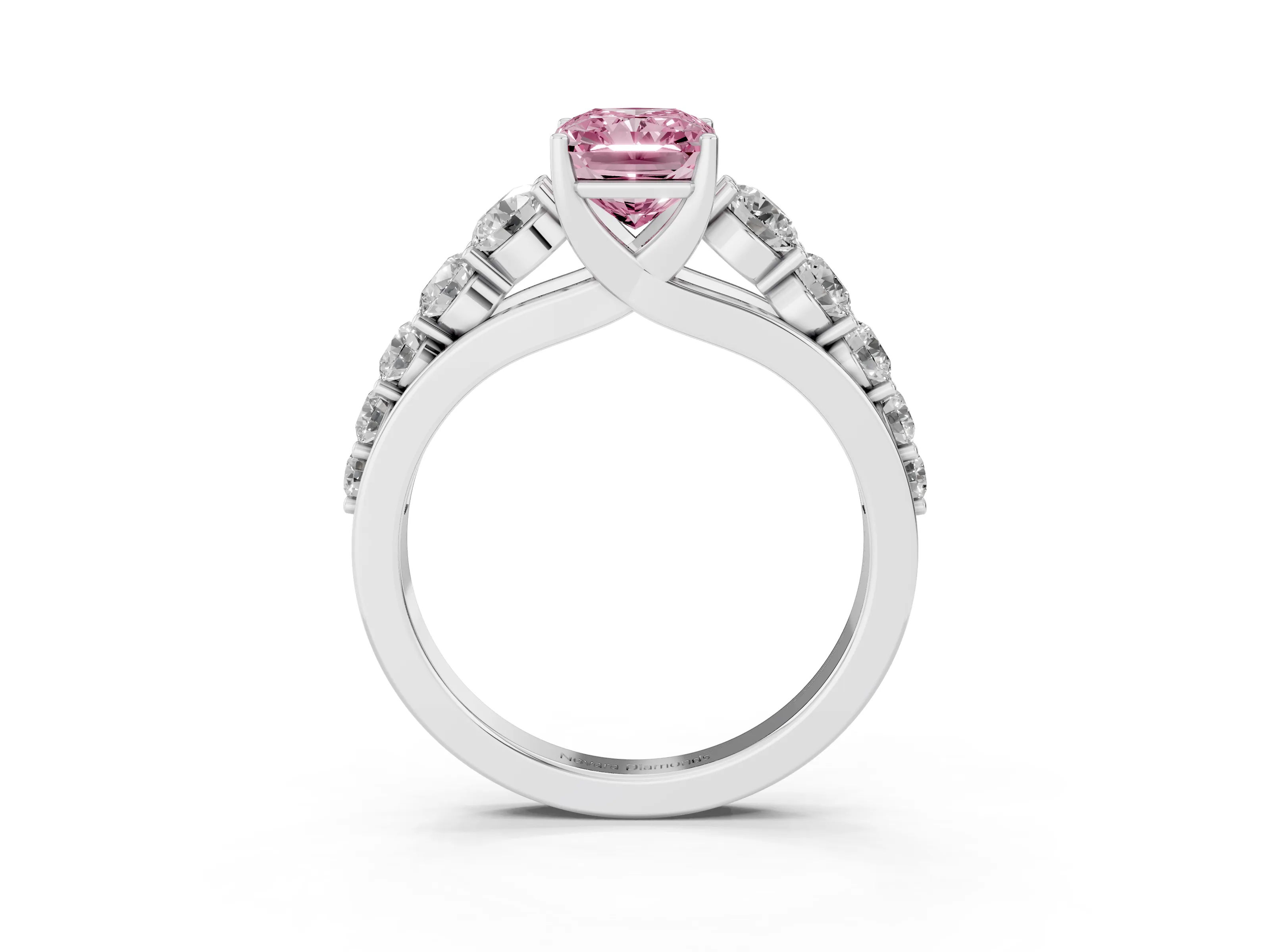 Fancy Pink Radiant Cut Diamond Solitaire Ring Set in White gold with Pavé-Set Band and Prong Setting