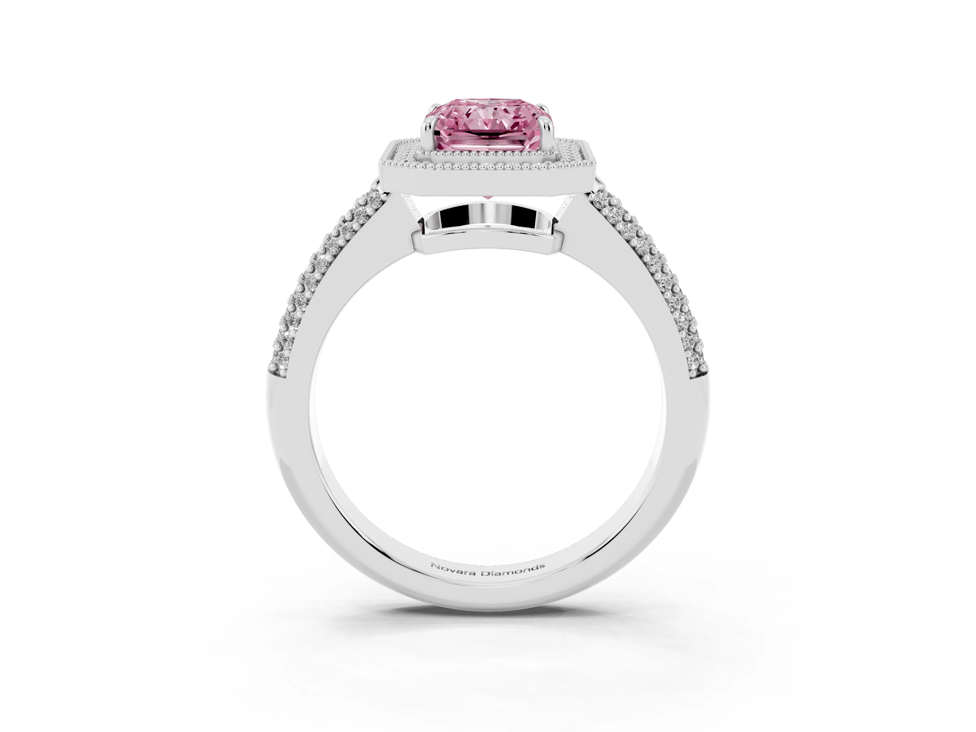 Fancy Pink Radiant Cut Diamond Halo Pavé Band Set in White gold with Prong Setting