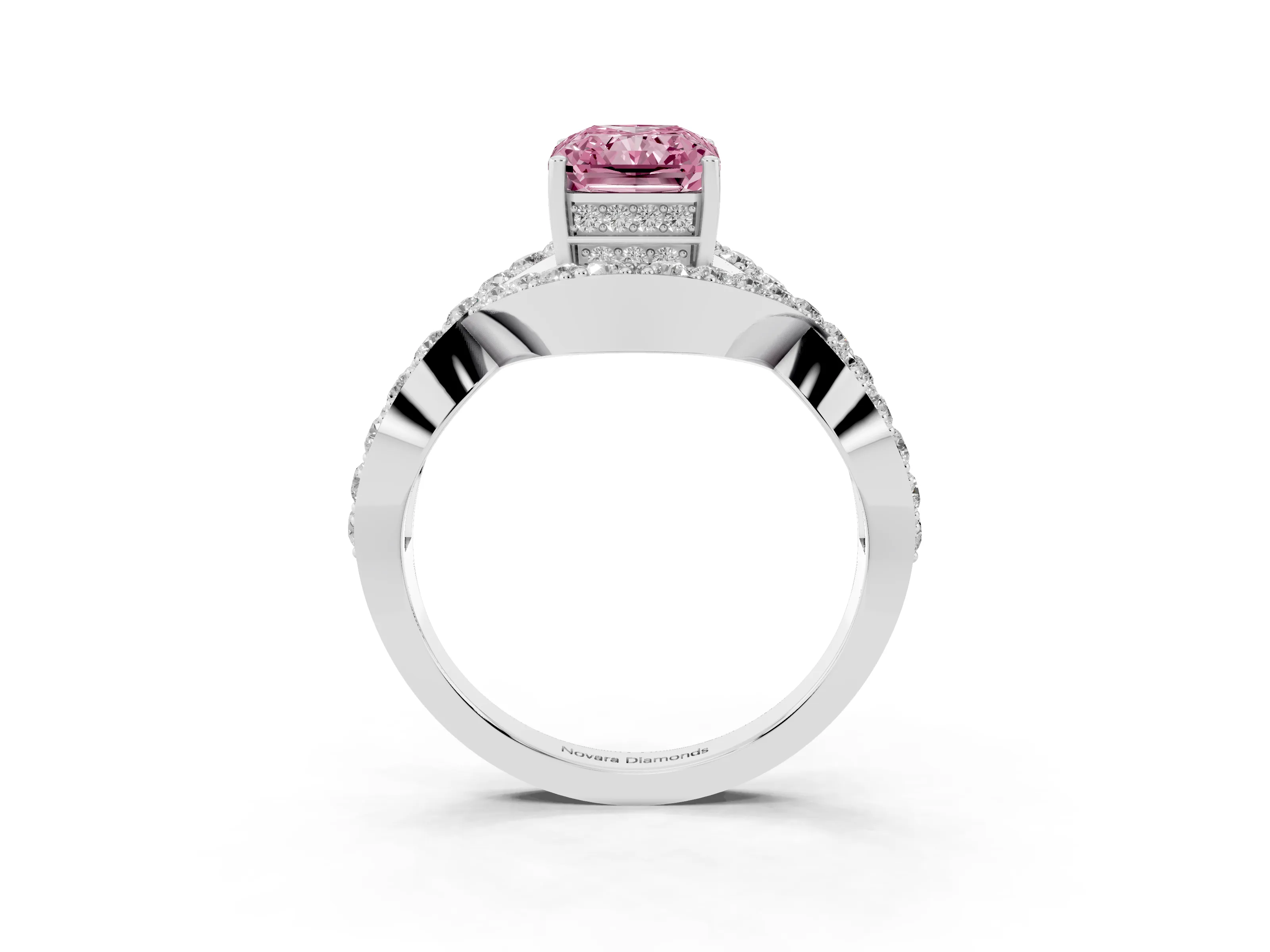 Fancy Pink Radiant Cut Diamond Solitaire Twist Band Pavé Engagement Ring Set in White gold