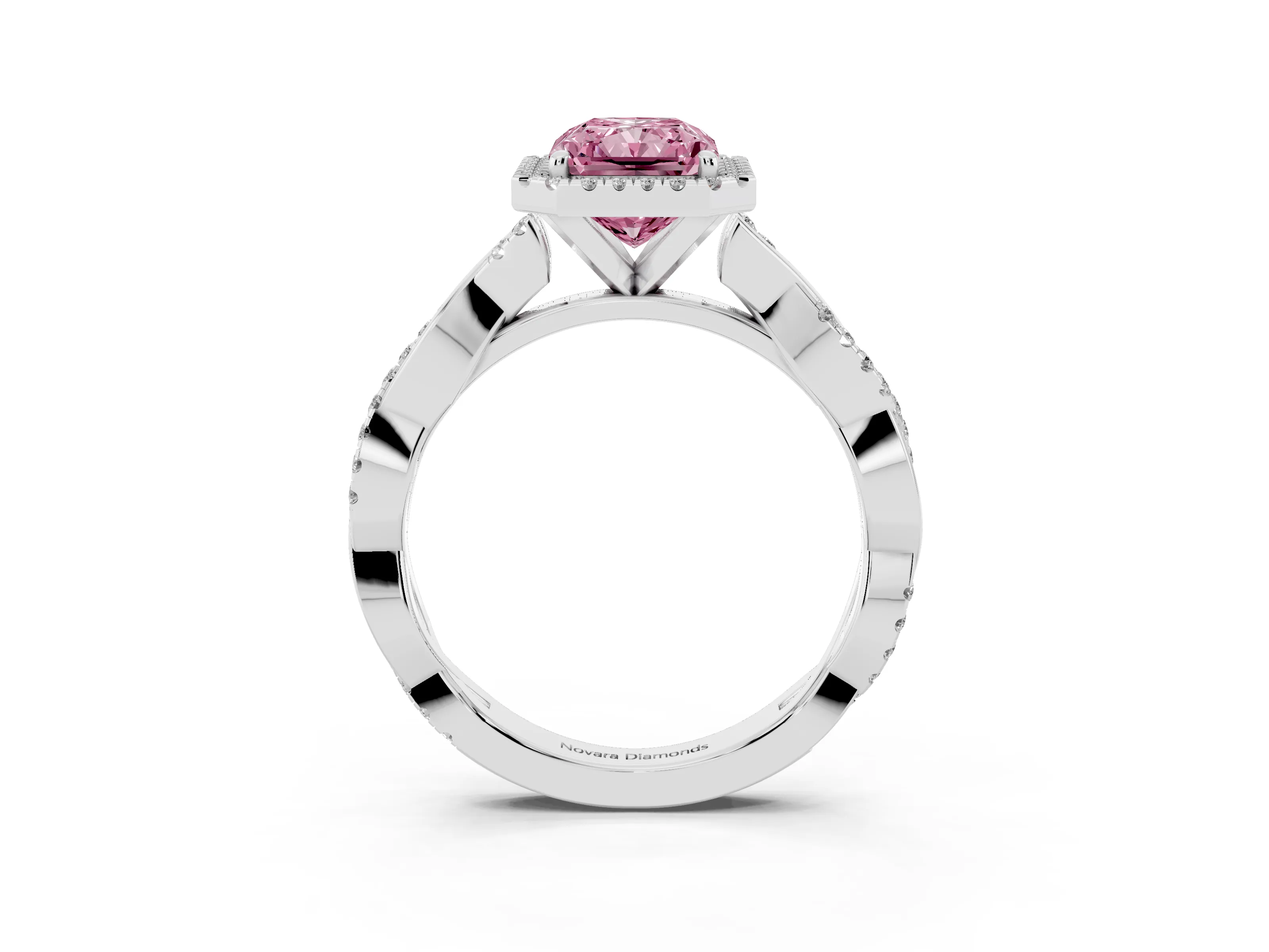 Fancy Pink Radiant Cut Diamond Halo Twisted Band Ring Set in Platinum with Prong Setting