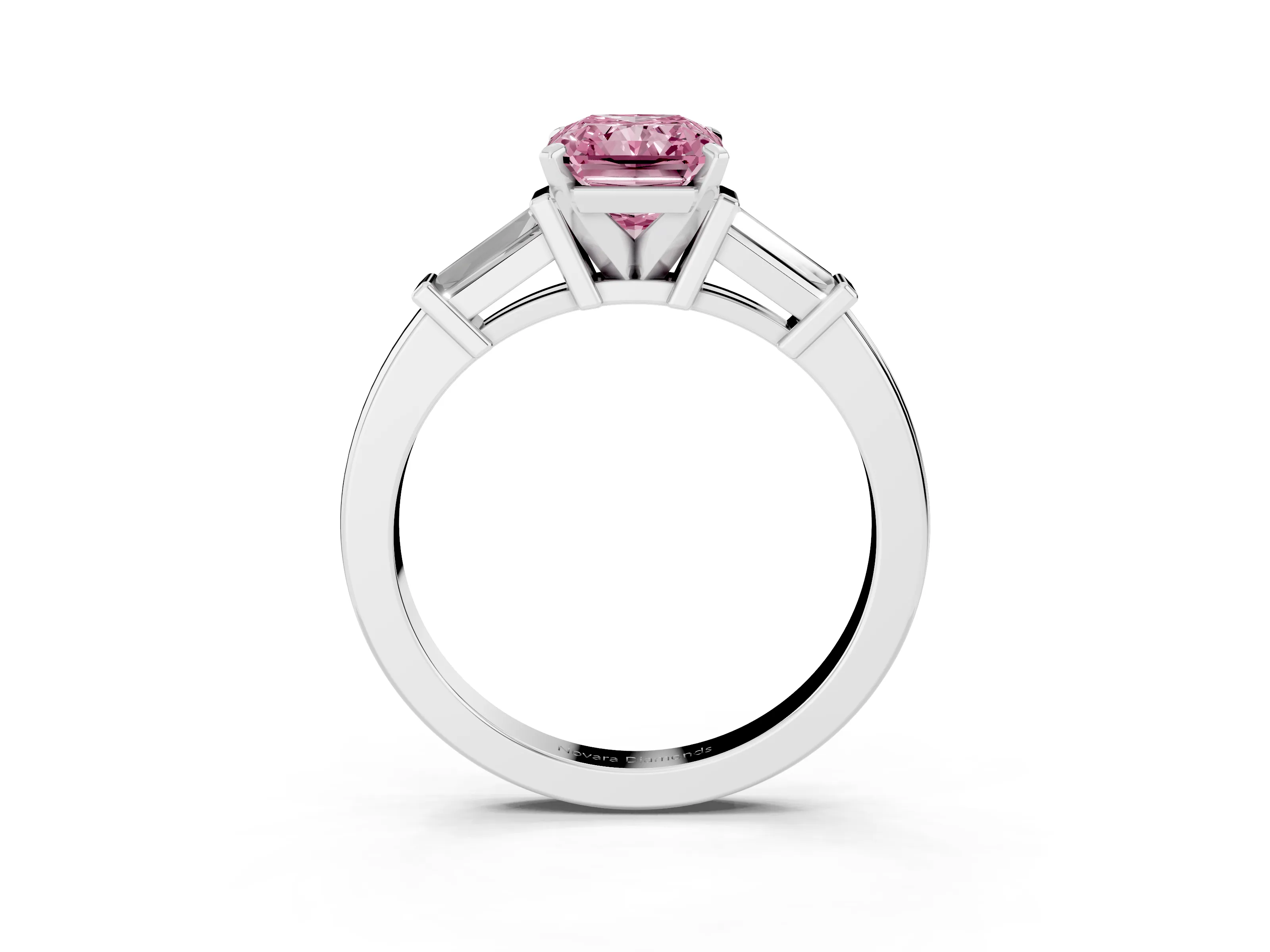 Fancy Pink Radiant Cut Diamond Solitaire Ring Set in Platinum with Tapered Baguette Accents and Prong Setting