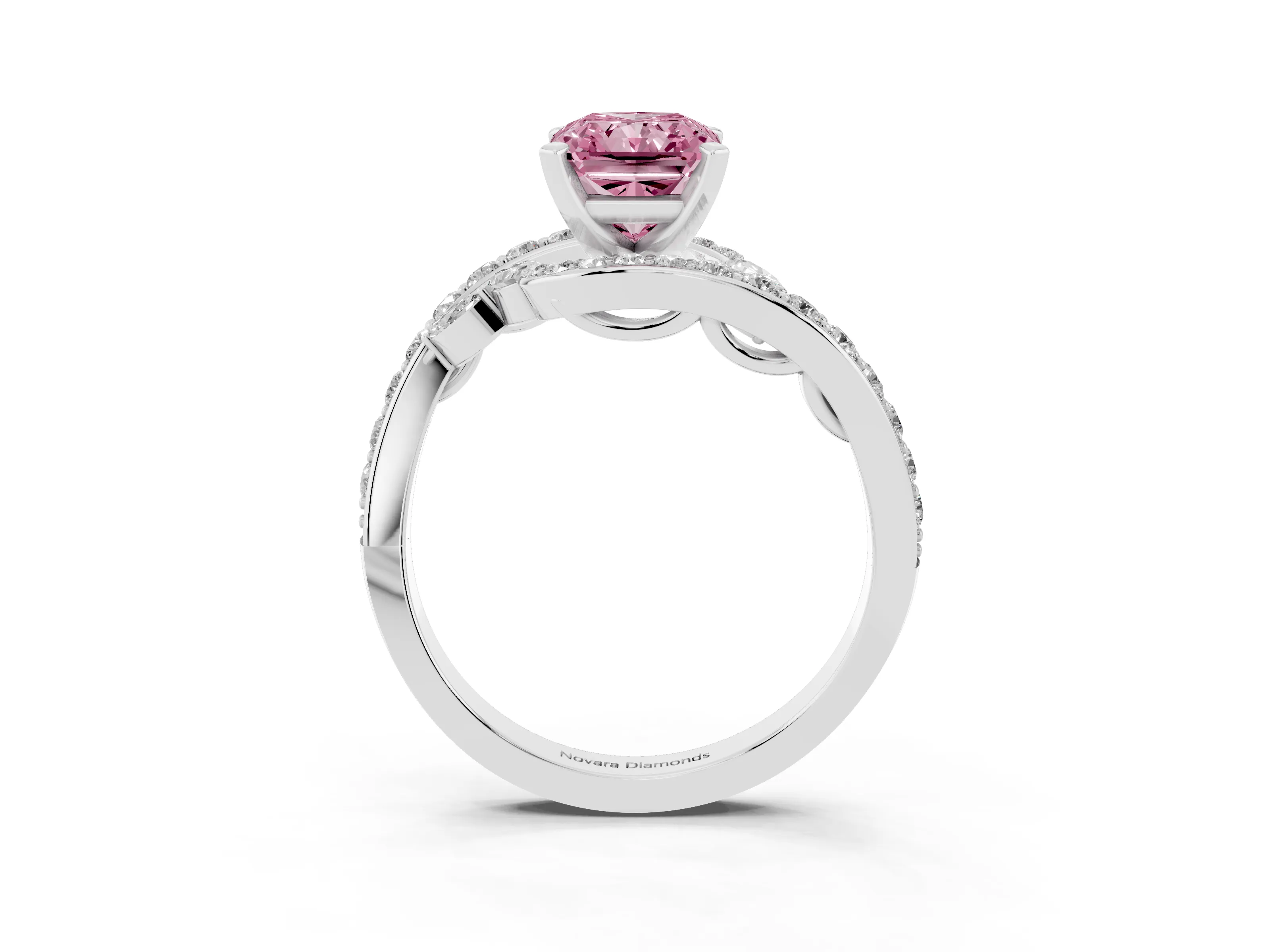 Fancy Pink Radiant Cut Diamond Solitaire Ring Set in White gold with Pavé Twist Band and Secure Prong Setting