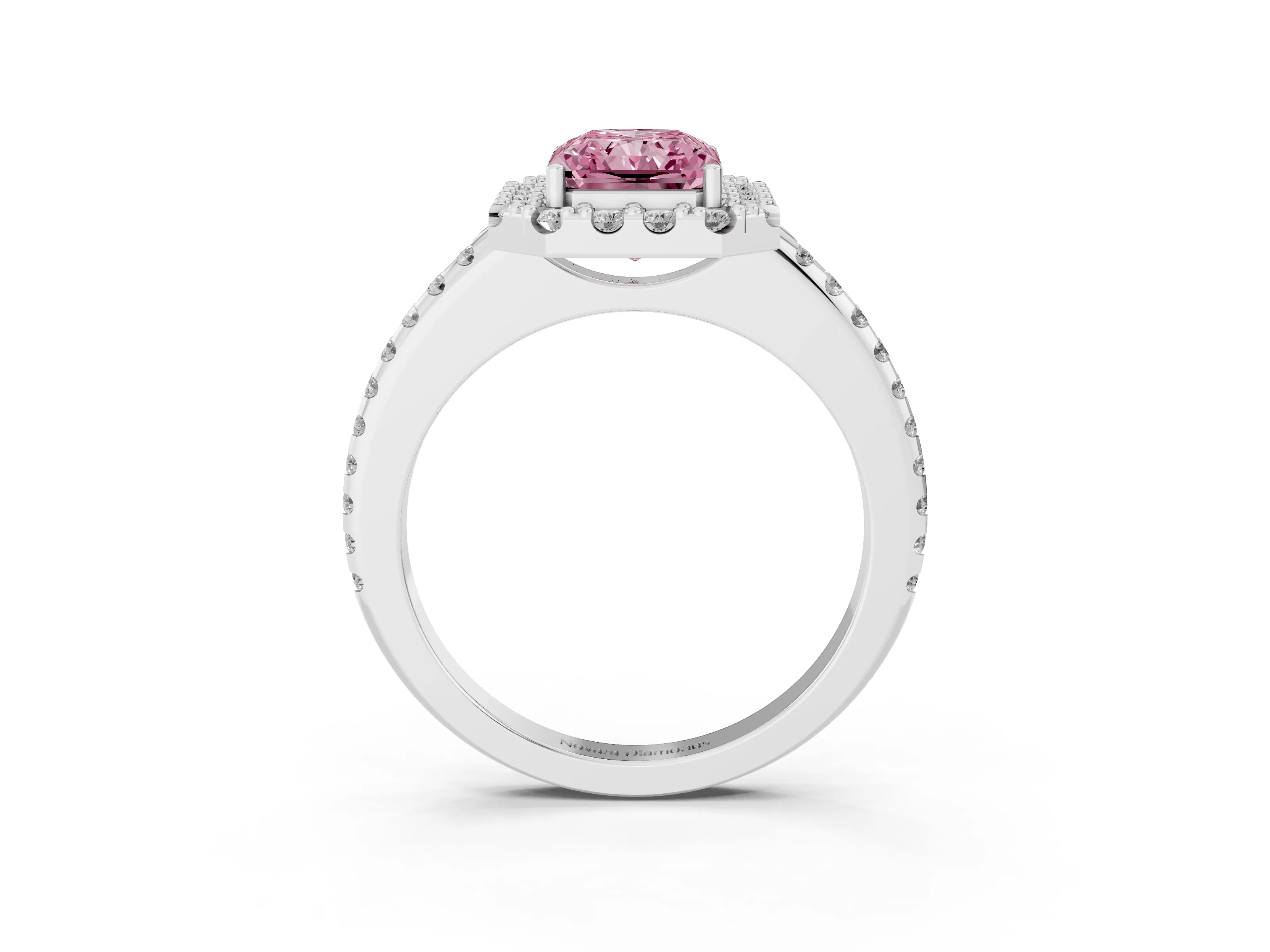 Fancy Pink Radiant Cut Diamond Pavé Halo Ring Set in Platinum with Prong Setting