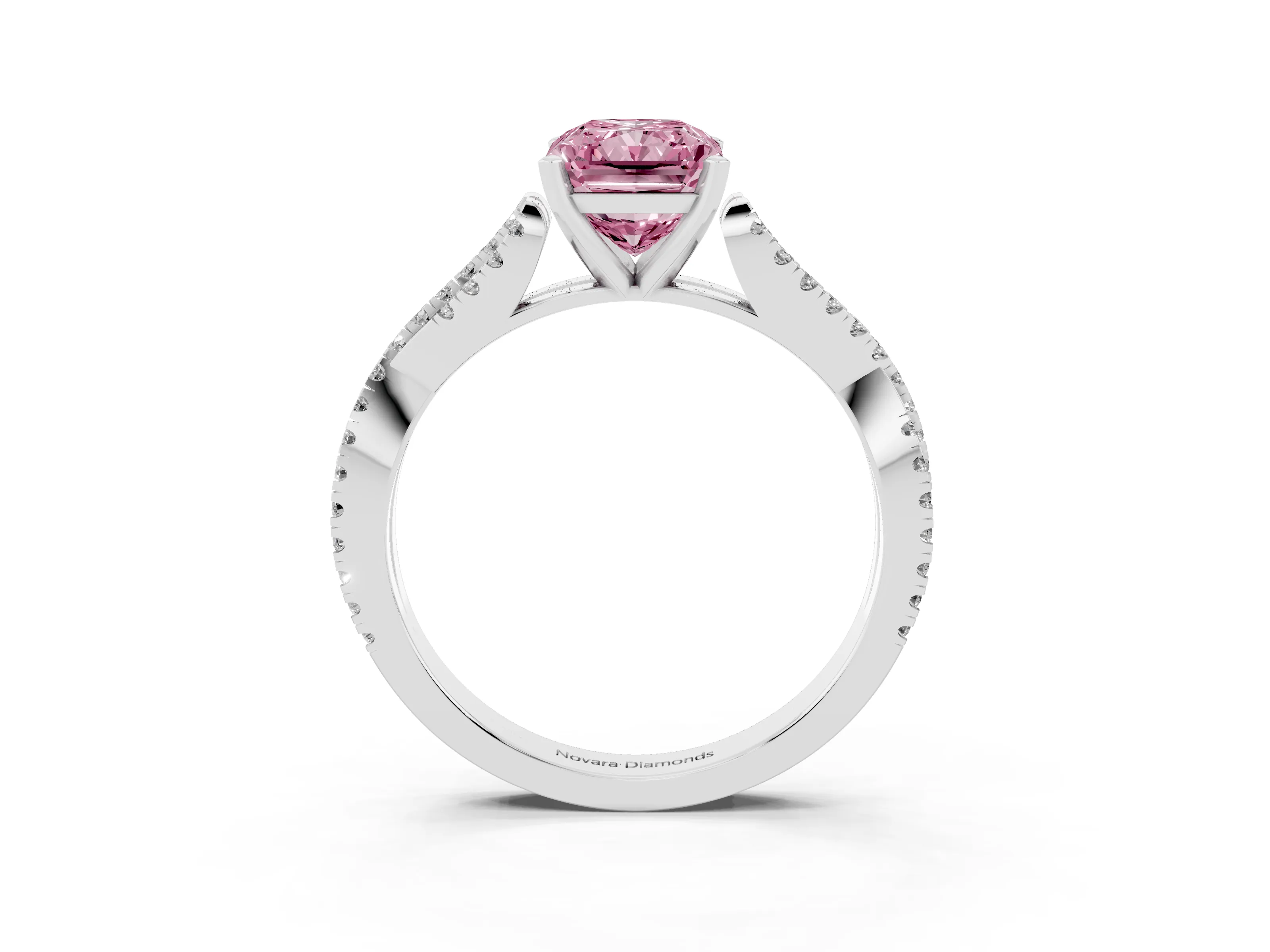 Fancy Pink Radiant Cut Diamond Solitaire Engagement Ring Set in Platinum with Twisted Pavé Band and Prong Setting