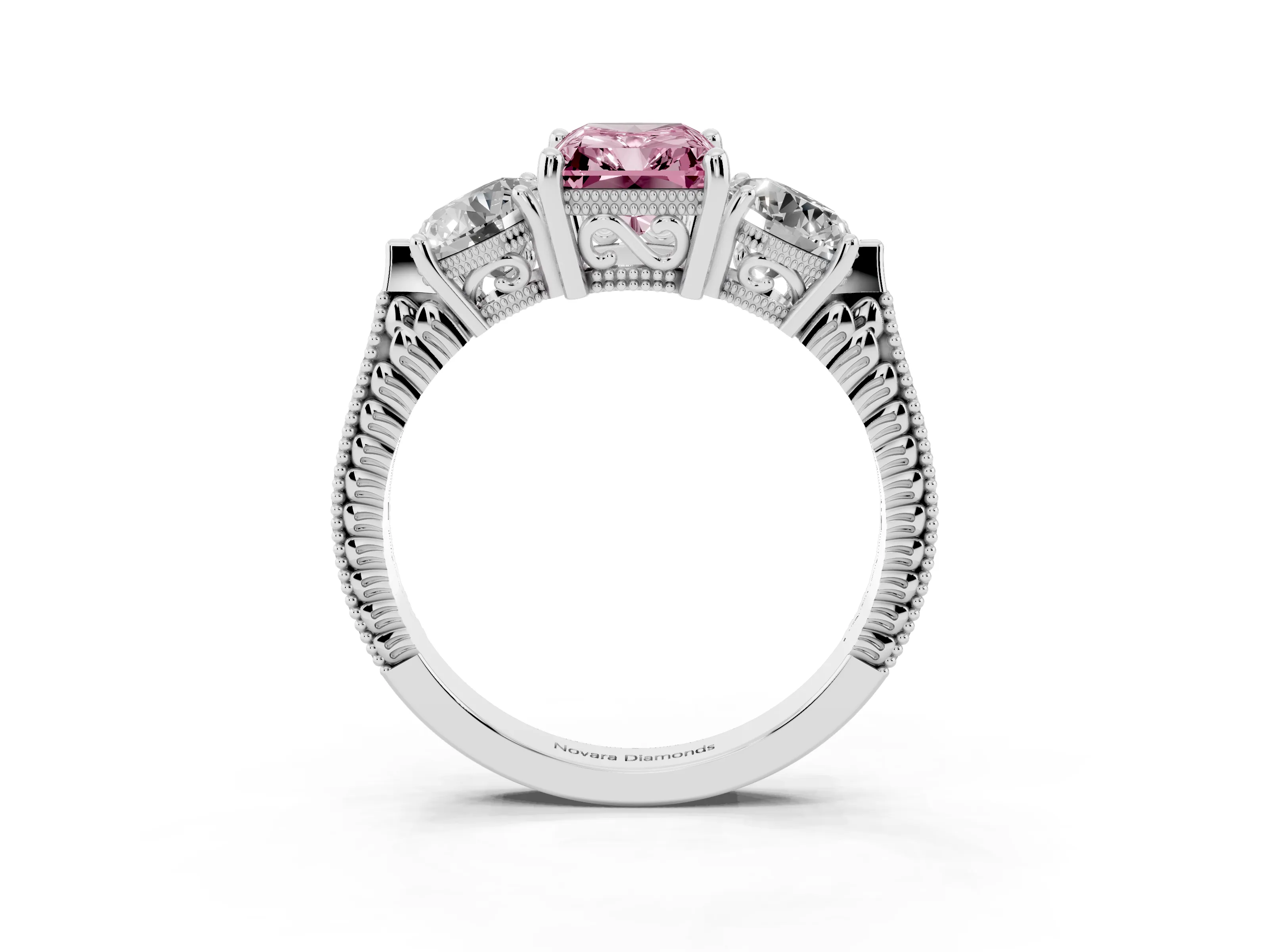 Fancy Pink Radiant Cut Diamond Three-Stone Ring Set in Silver with Milgrain Band