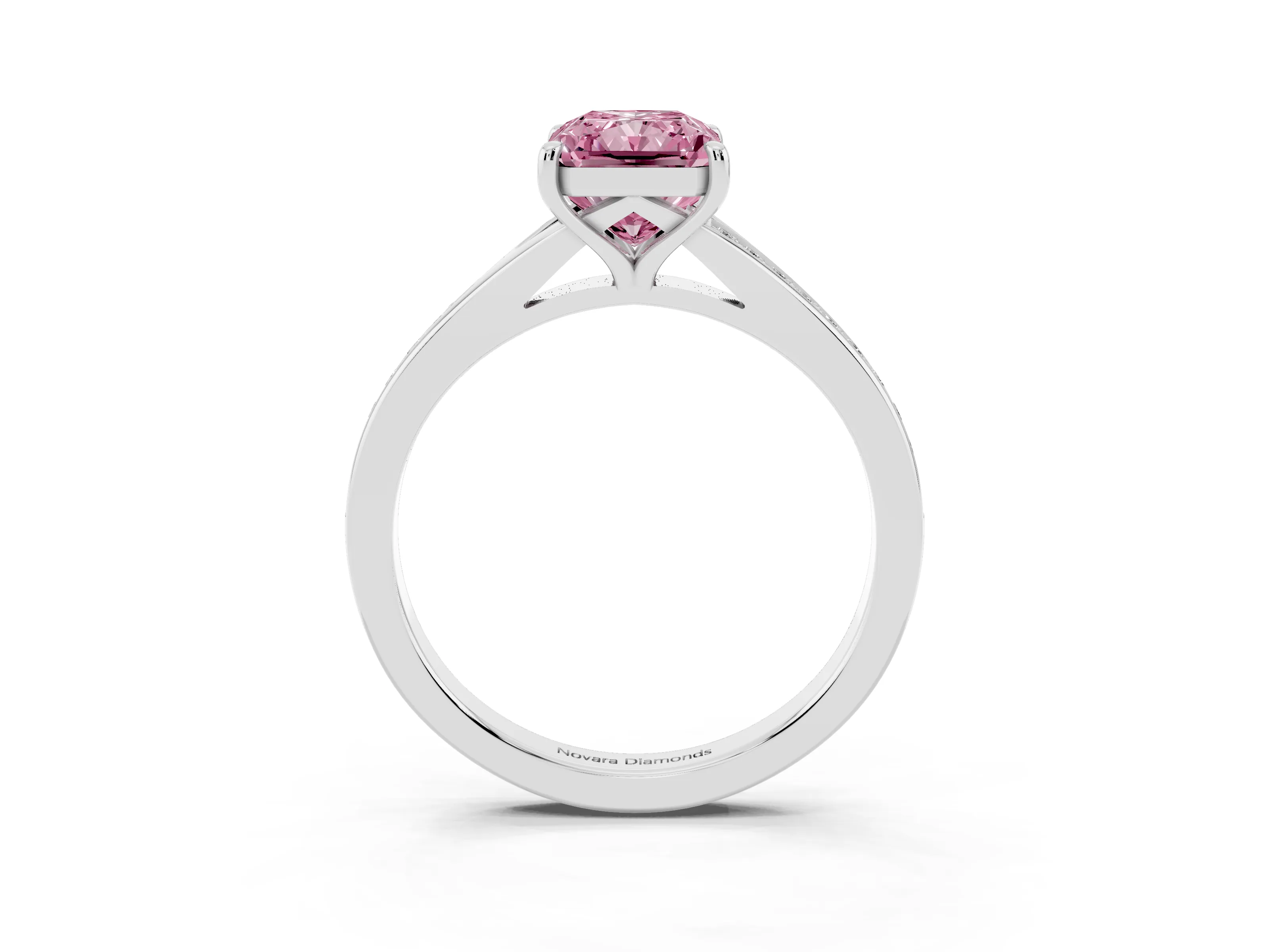 Fancy Pink Radiant Cut Diamond Solitaire Ring Set in Platinum with Pavé Accent Band and Classic Prong Setting
