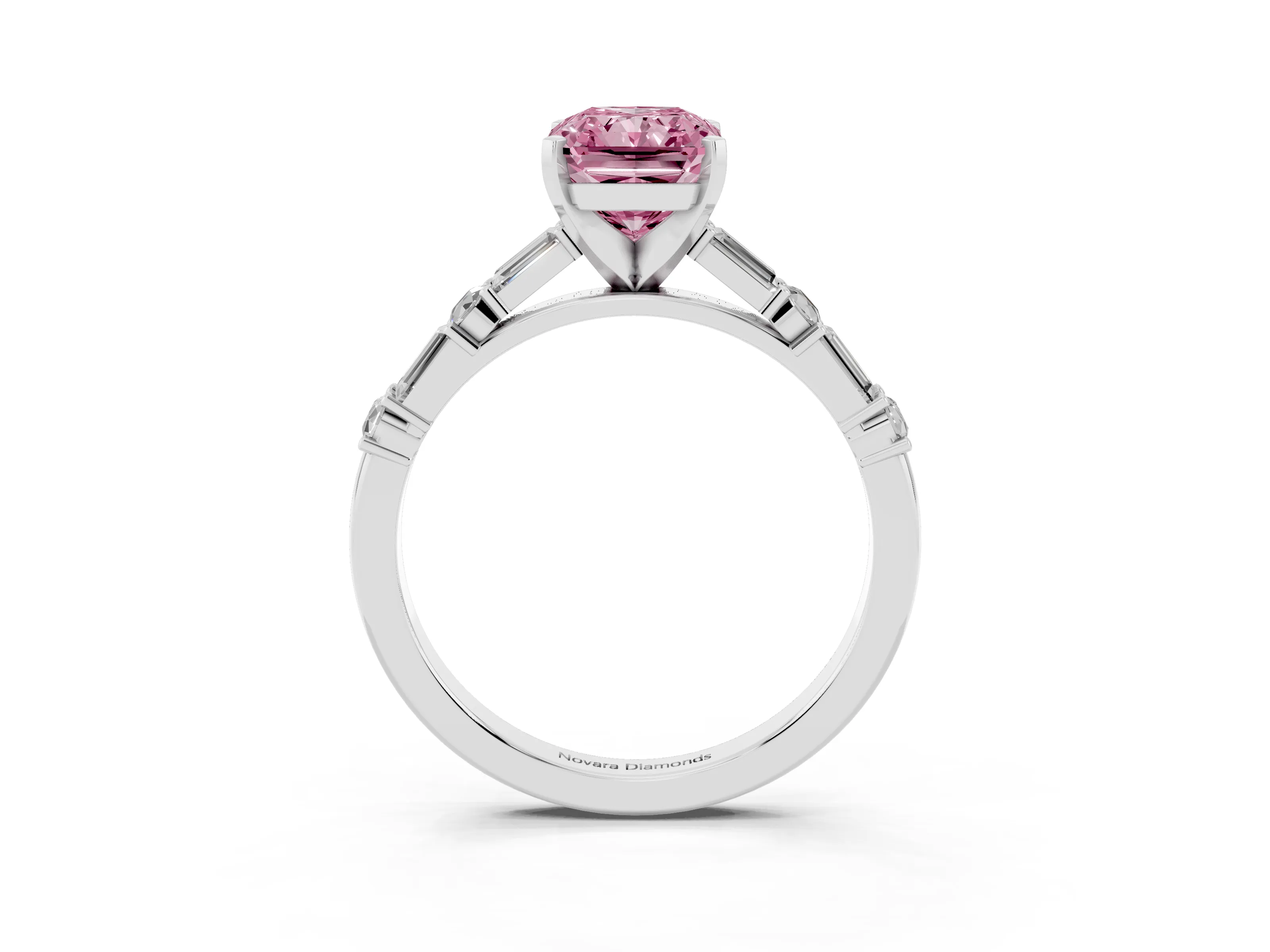 Fancy Pink Radiant Cut Diamond Solitaire Set in Platinum with Side Baguettes and Channel Set Band