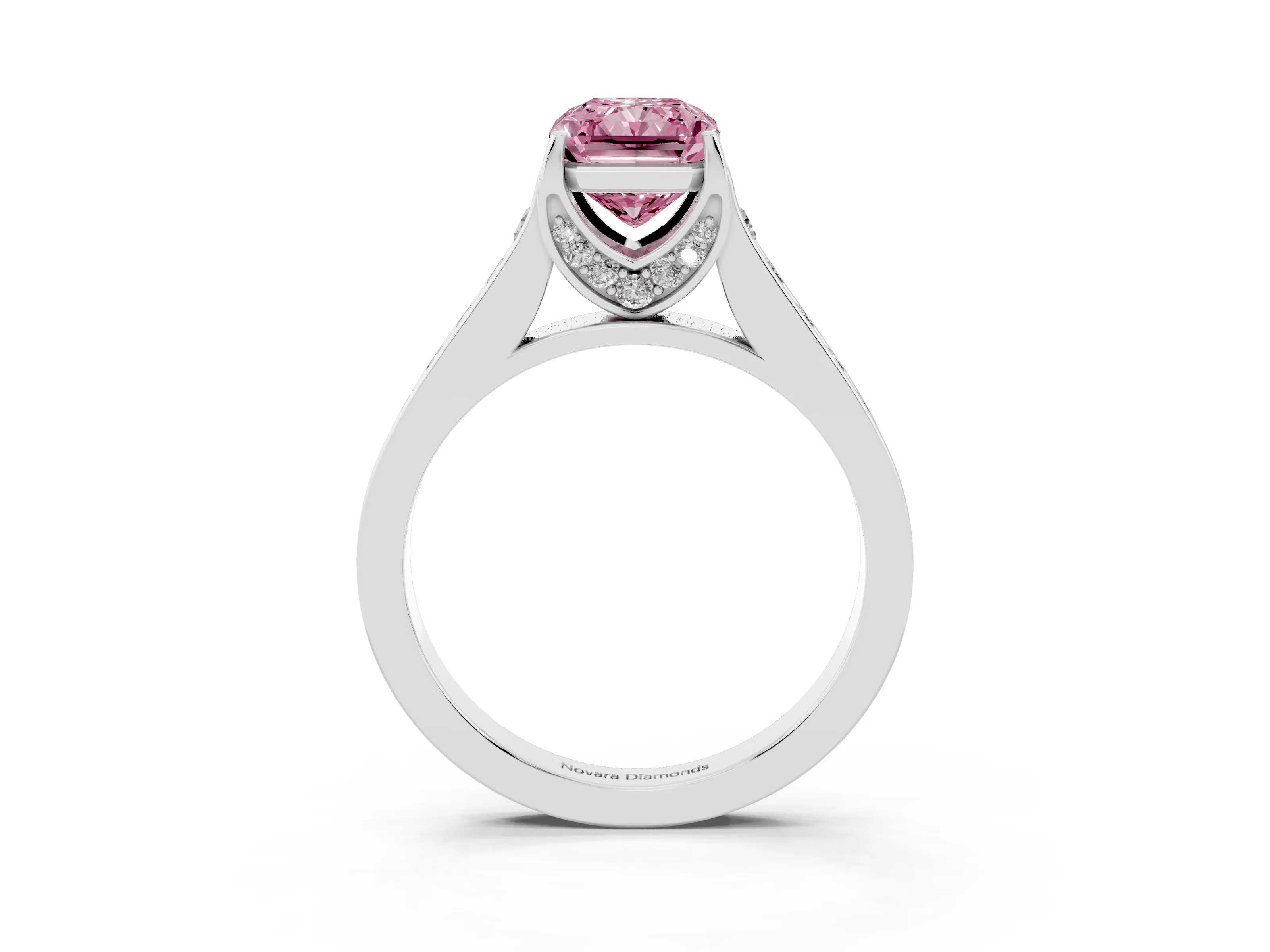 Fancy Pink Radiant Cut Diamond Solitaire Pavé Engagement Ring Set in Platinum with Prong Setting
