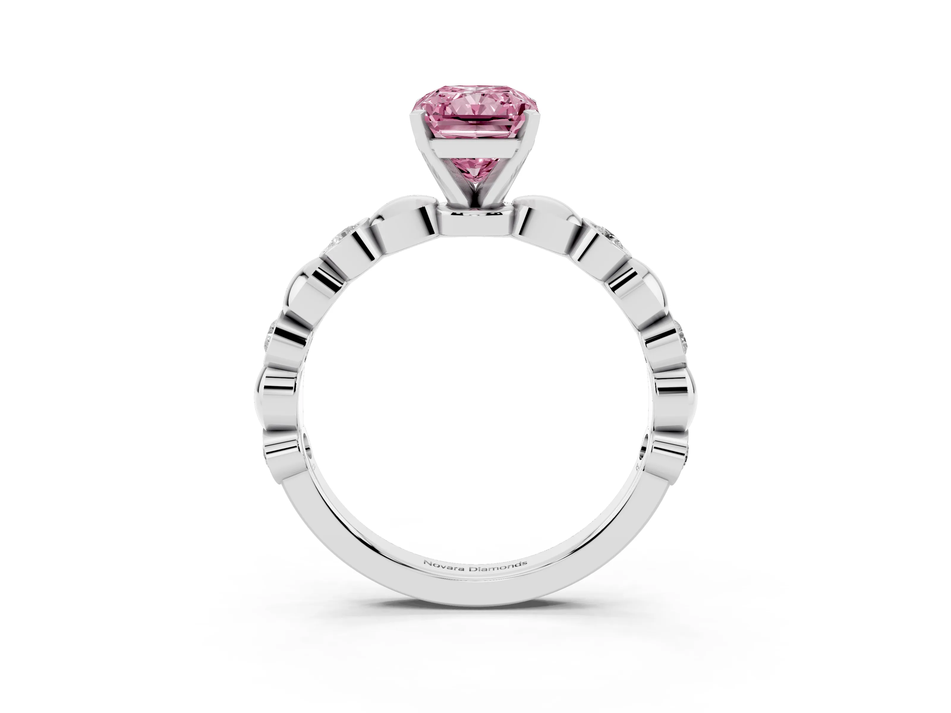 Fancy Pink Radiant Cut Diamond Solitaire Ring Set in Silver with Bezel-Set Accents on Beaded Band and Prong Setting