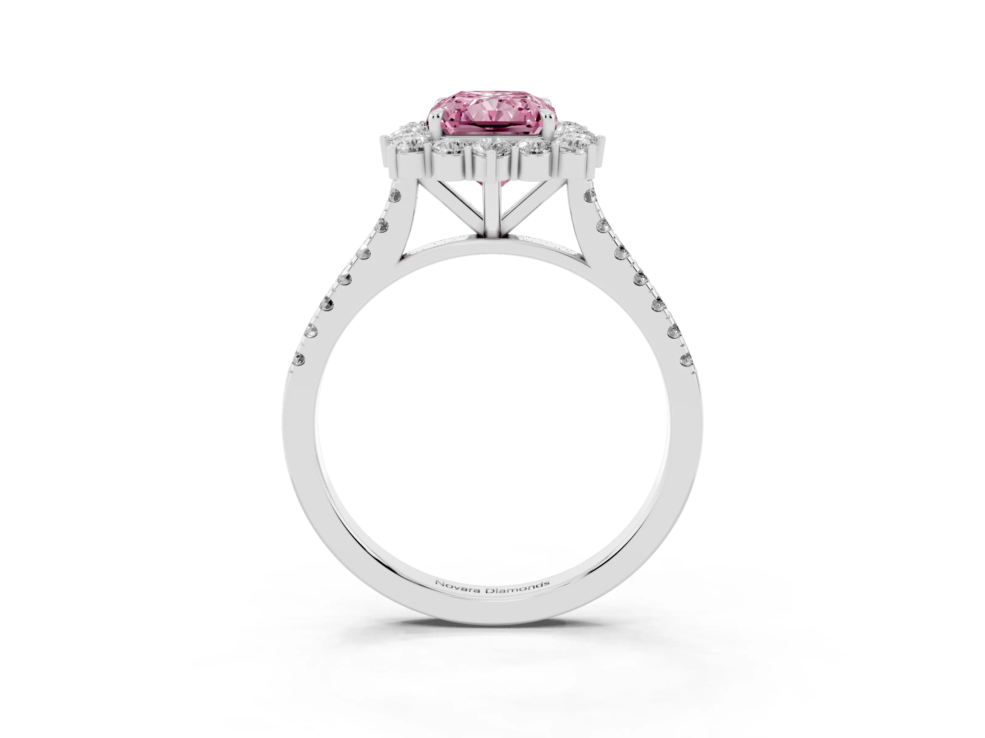 Fancy Pink Radiant Cut Diamond Halo Ring Set in White gold with Pavé Band and Prong Setting