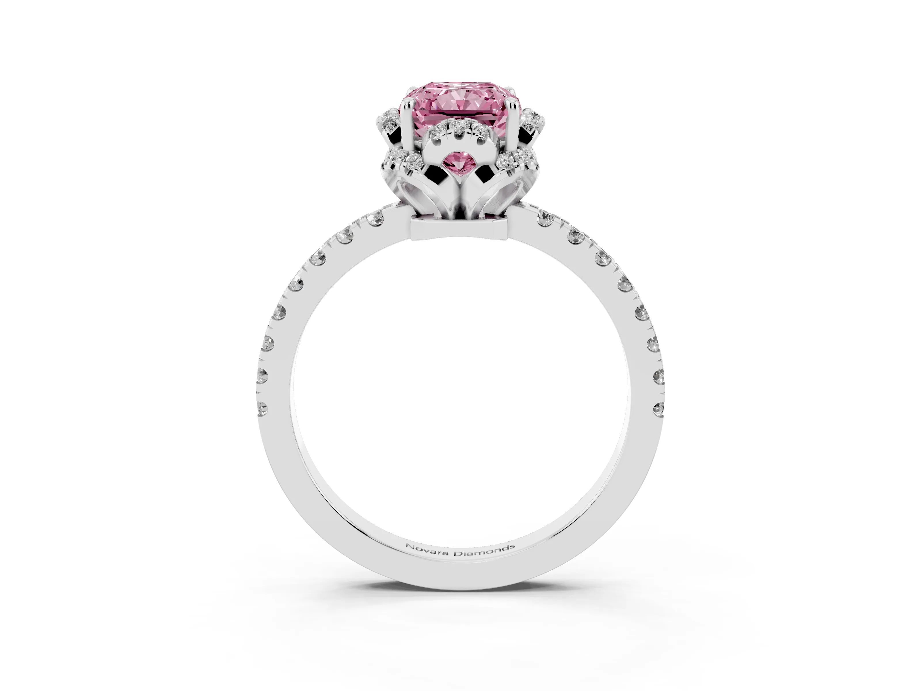 Fancy Pink Radiant Cut Diamond Halo Pavé Band Ring Set in White gold with Prong-Held Center