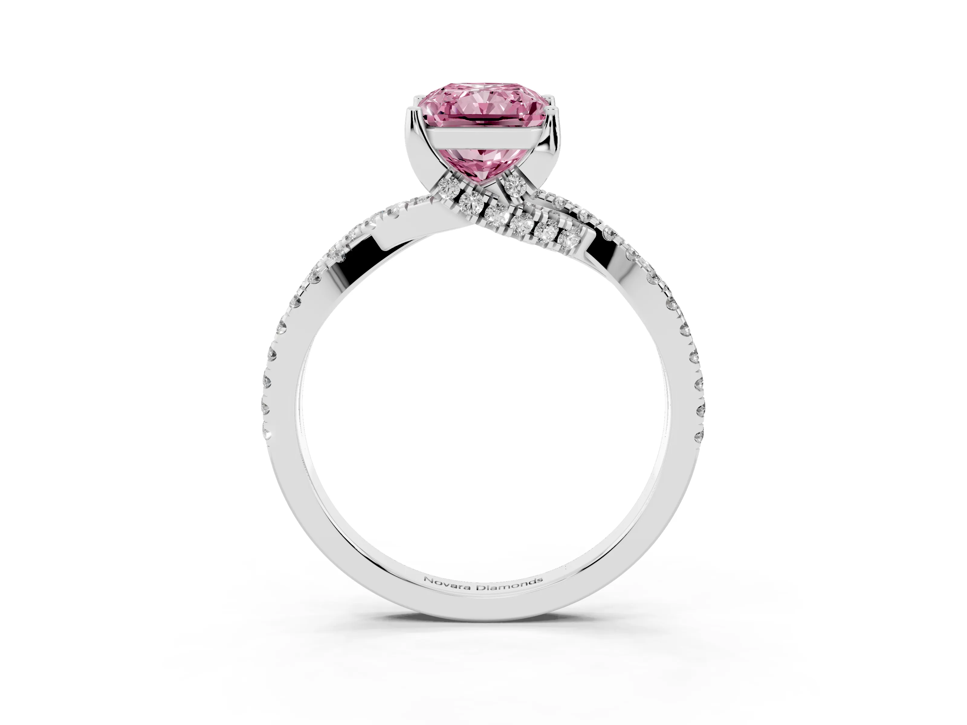 Fancy Pink Radiant Cut Diamond Twist Pavé Solitaire Engagement Ring Set in Silver with Prong Setting