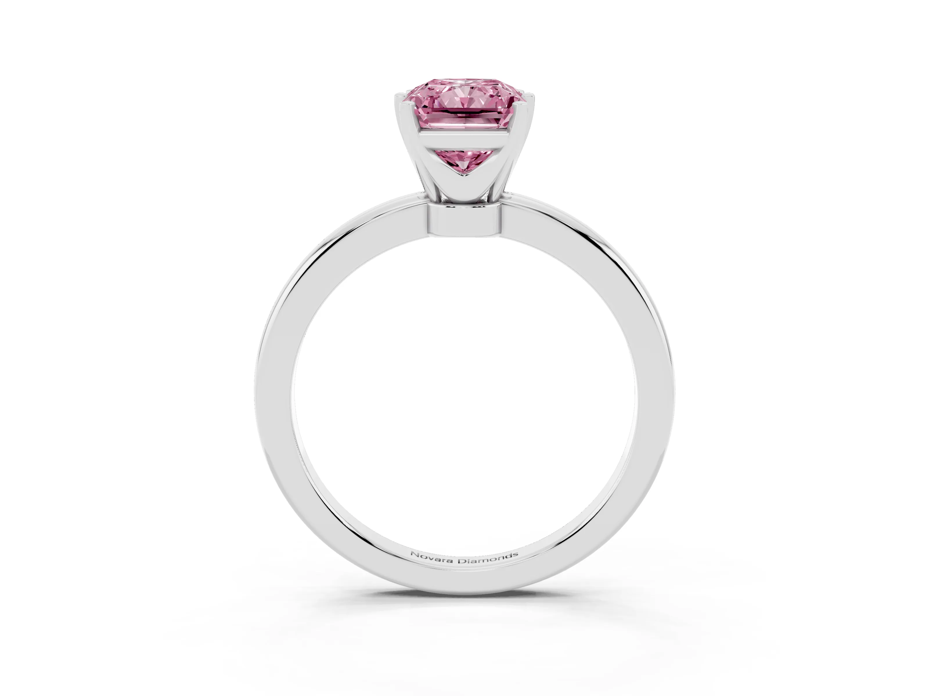 Fancy Pink Radiant Cut Diamond Solitaire Ring Set in Silver with Raised Prong Setting on a Classic Band