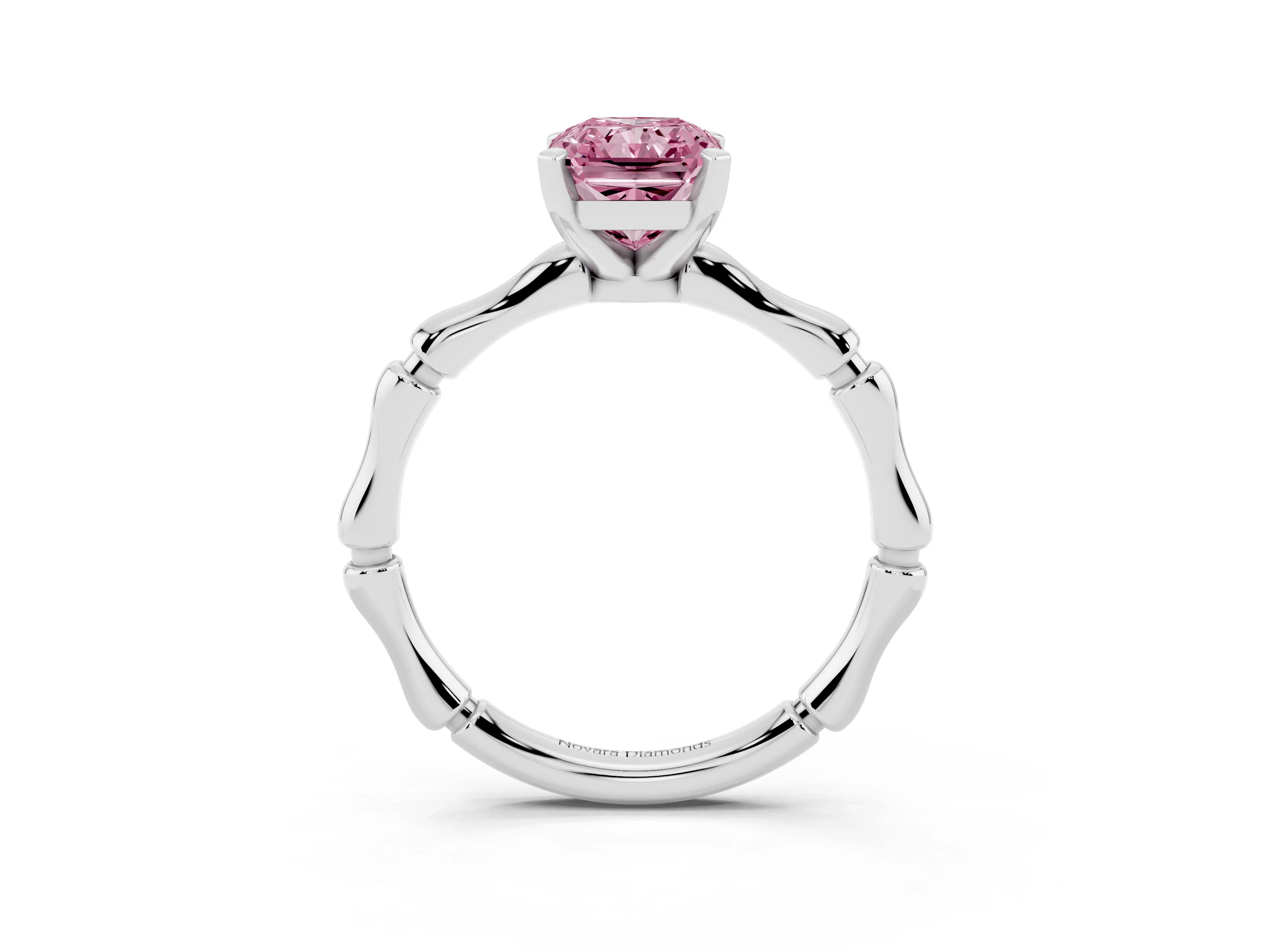 Fancy Pink Radiant Cut Diamond Solitaire Ring Set in Silver with Bamboo Band and Prong Setting