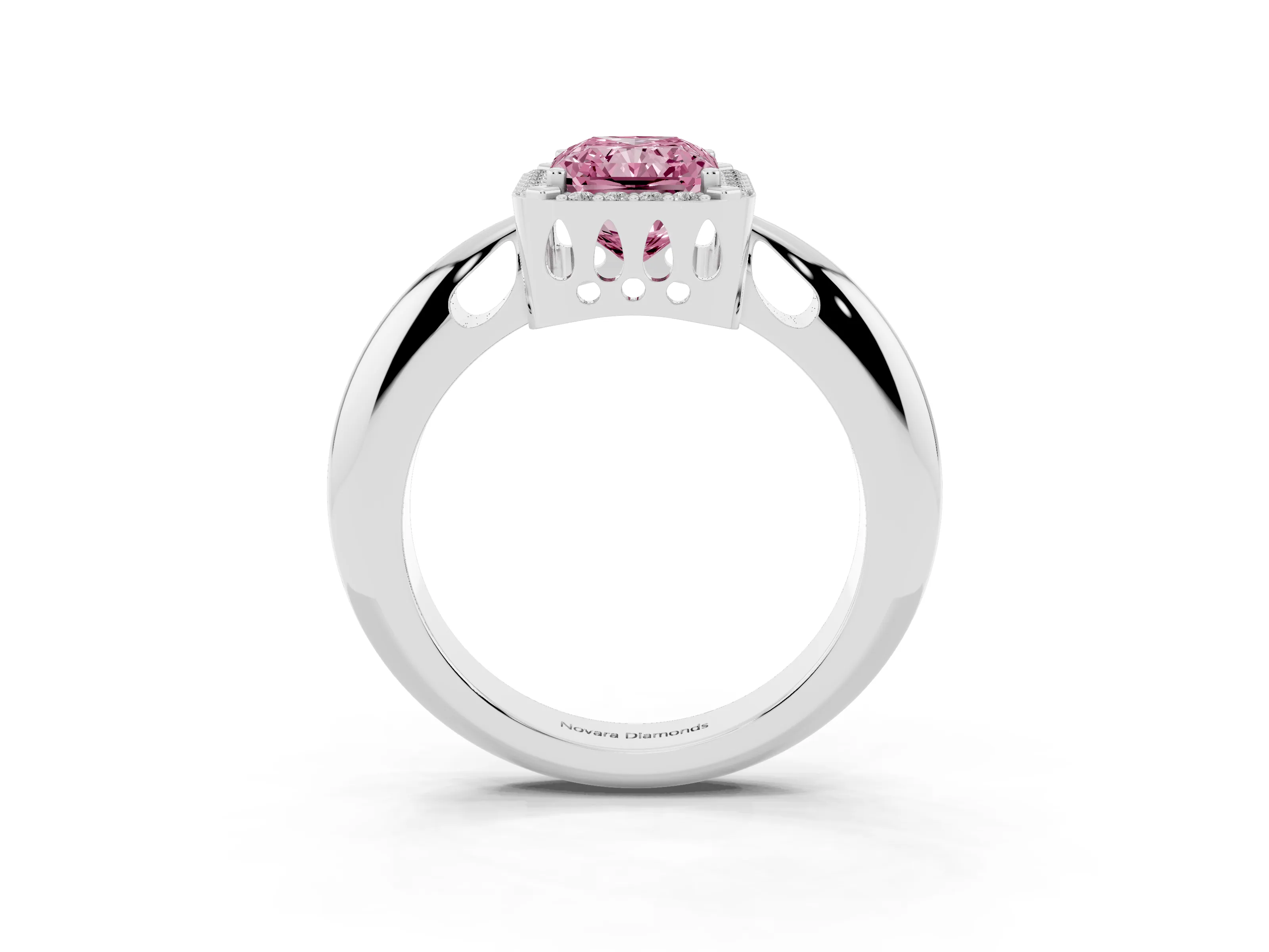 Fancy Pink Radiant Cut Diamond Halo Engagement Ring Set in Platinum with Plain Split Shank and Prong Setting