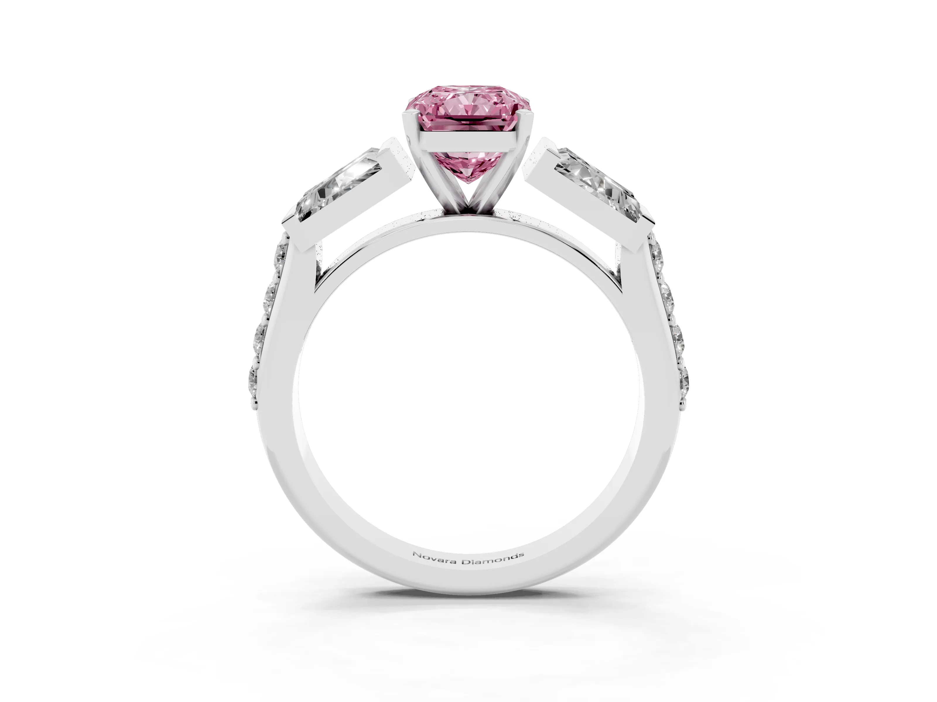 Fancy Pink Radiant Cut Diamond Engagement Ring Set in Silver with Baguette Side Stones and Channel Set Band