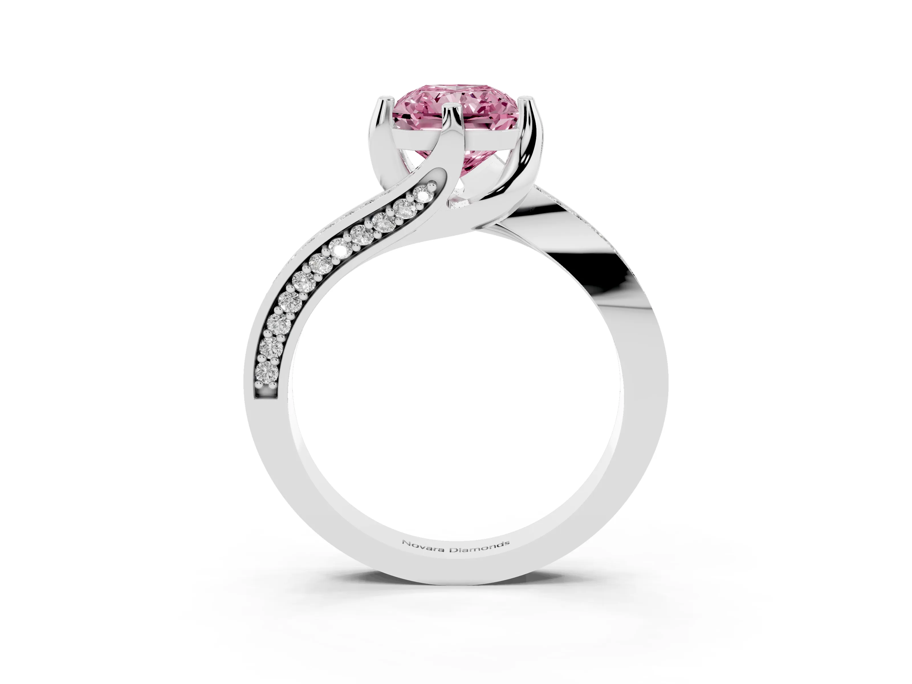 Fancy Pink Radiant Cut Diamond Solitaire Ring Set in White gold with Intertwined Pavé Twist Band