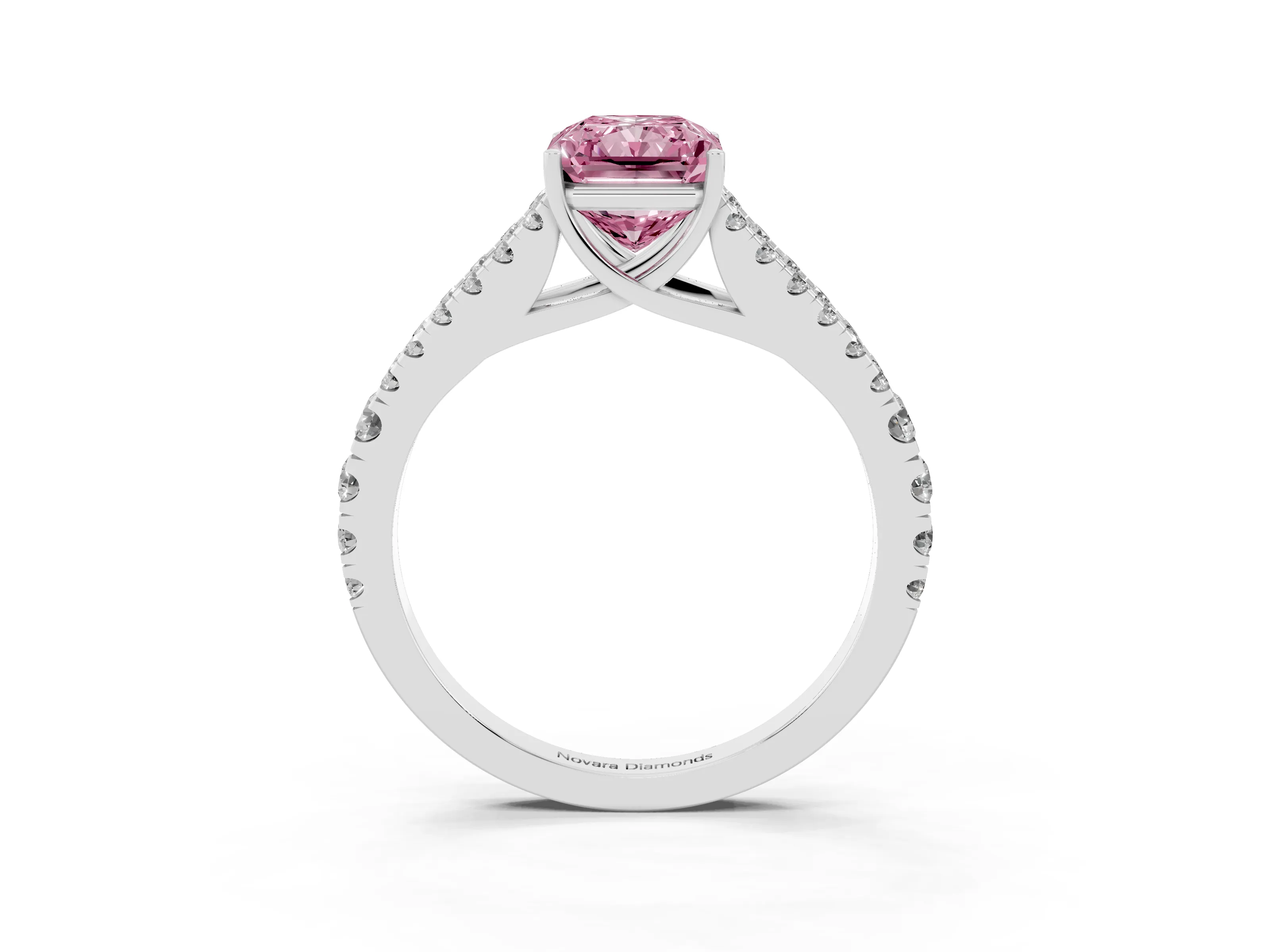 Fancy Pink Radiant Cut Diamond Split Shank Pavé Engagement Ring Set in Platinum with Prong-Held Center Stone