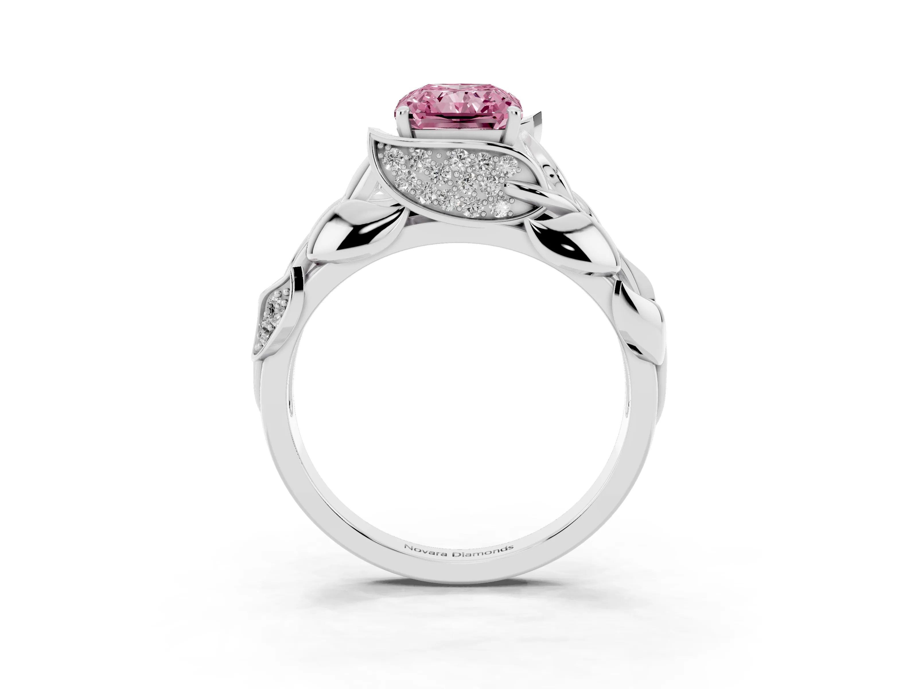 Fancy Pink Radiant Cut Diamond Leaf-Inspired Engagement Ring Set in Silver with Round Accents
