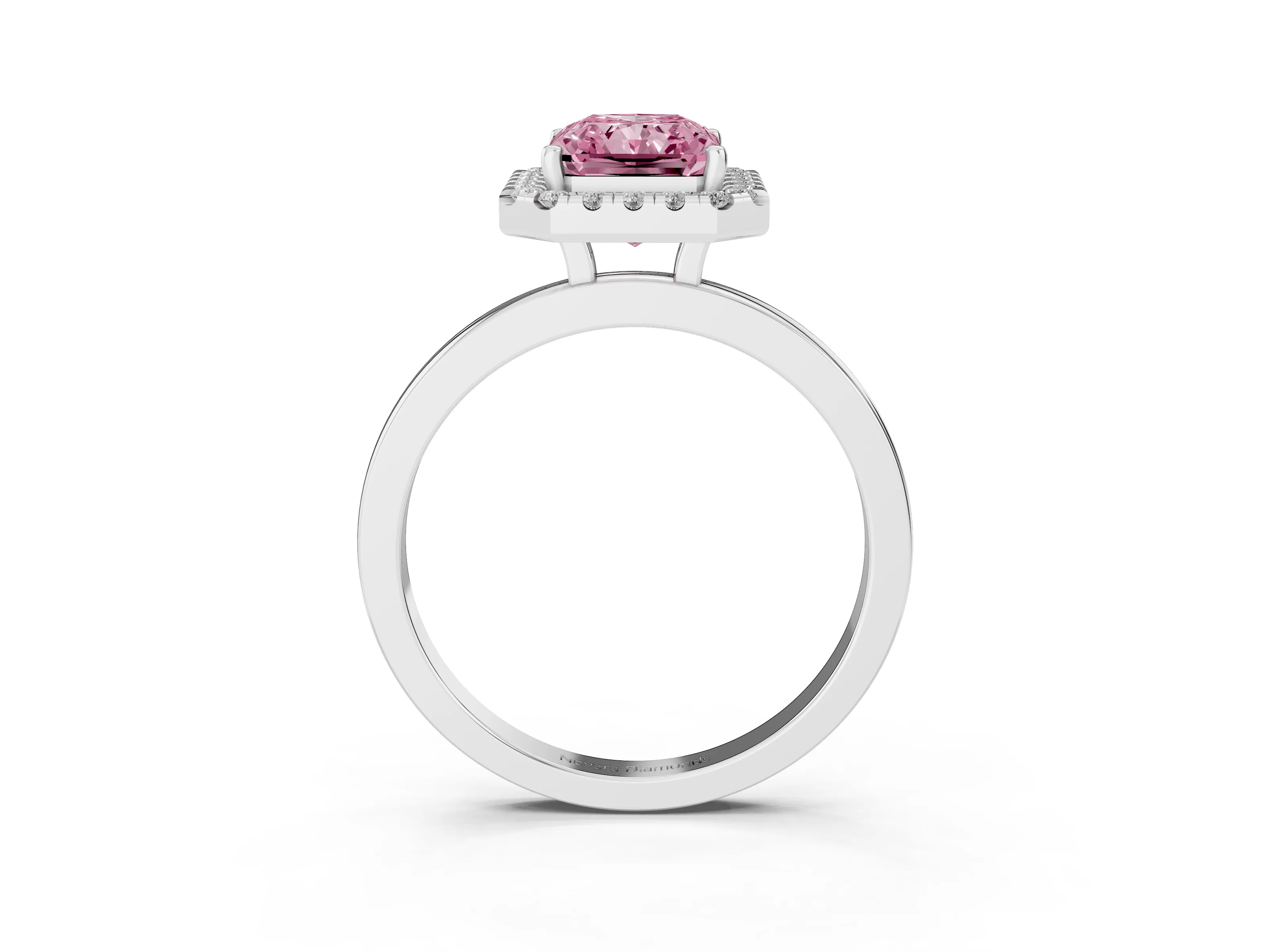 Fancy Pink Radiant Cut Diamond Halo Solitaire Ring Set in Platinum with Pavé Band and Prong Setting