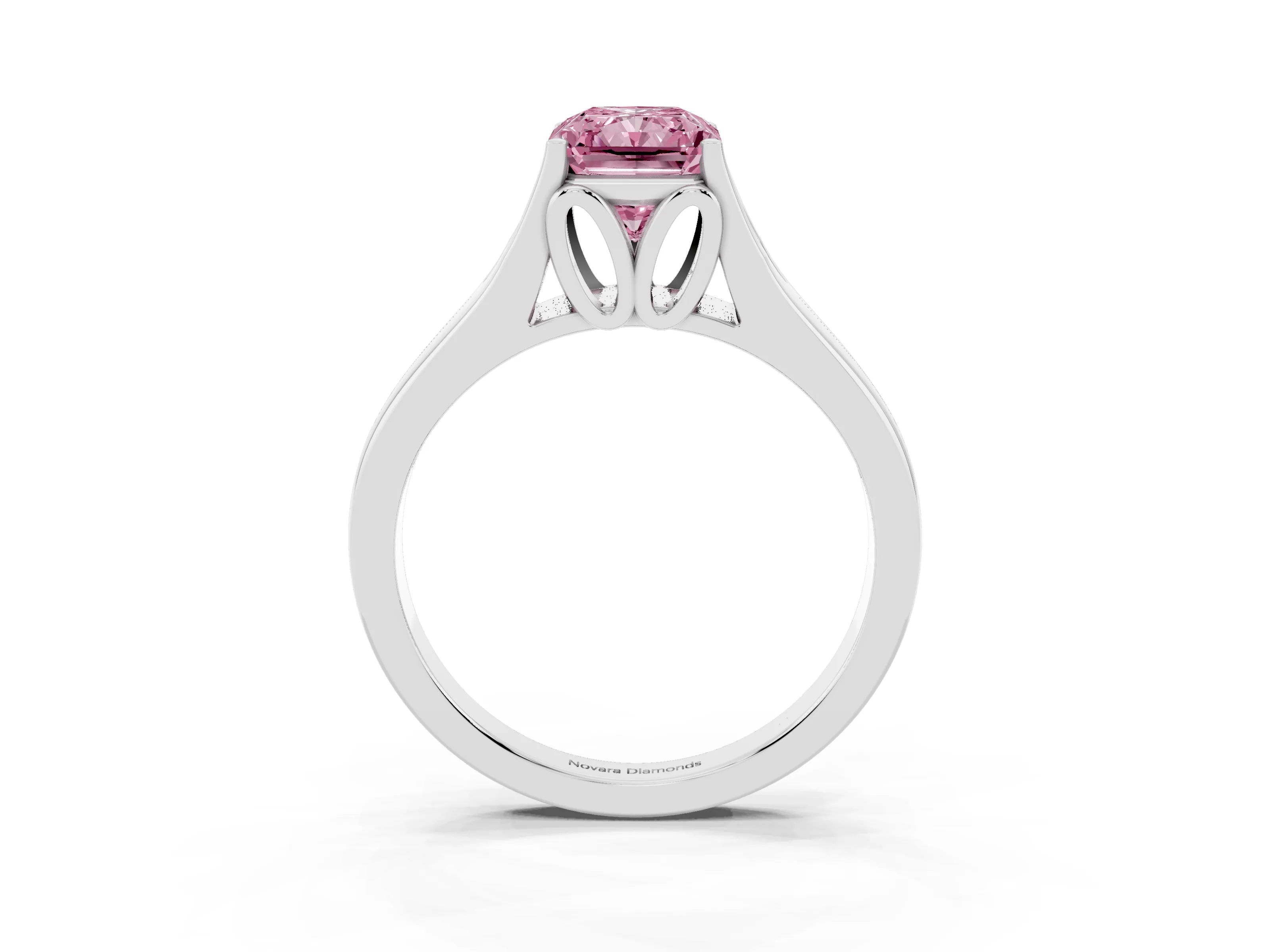 Fancy Pink Radiant Cut Diamond Solitaire Ring Set in White gold with Arched Cathedral Band and Prong Setting