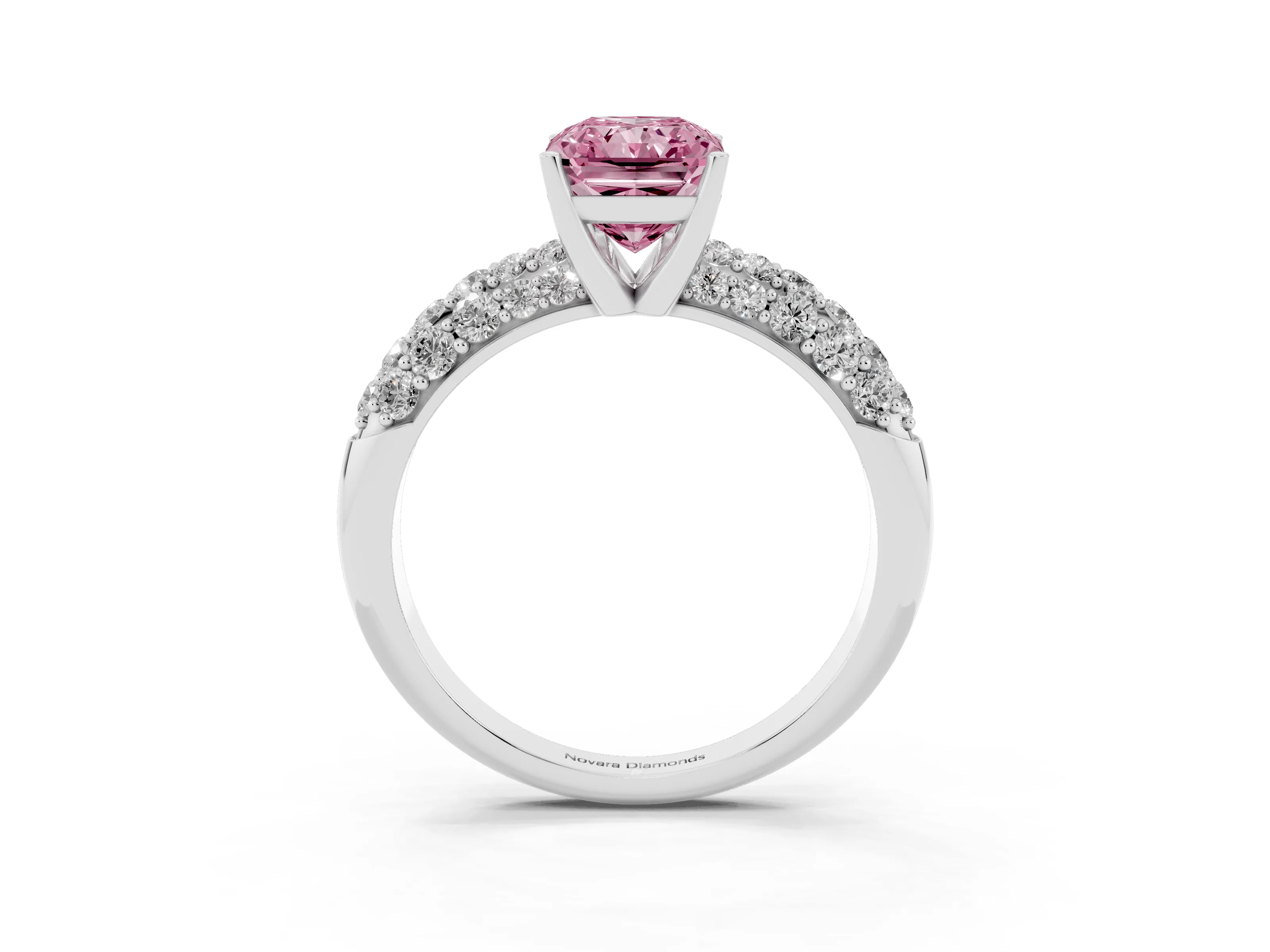 Fancy Pink Radiant Cut Diamond Pavé Band Solitaire Ring Set in Platinum with Close-Set Accent Stones and Prong Setting