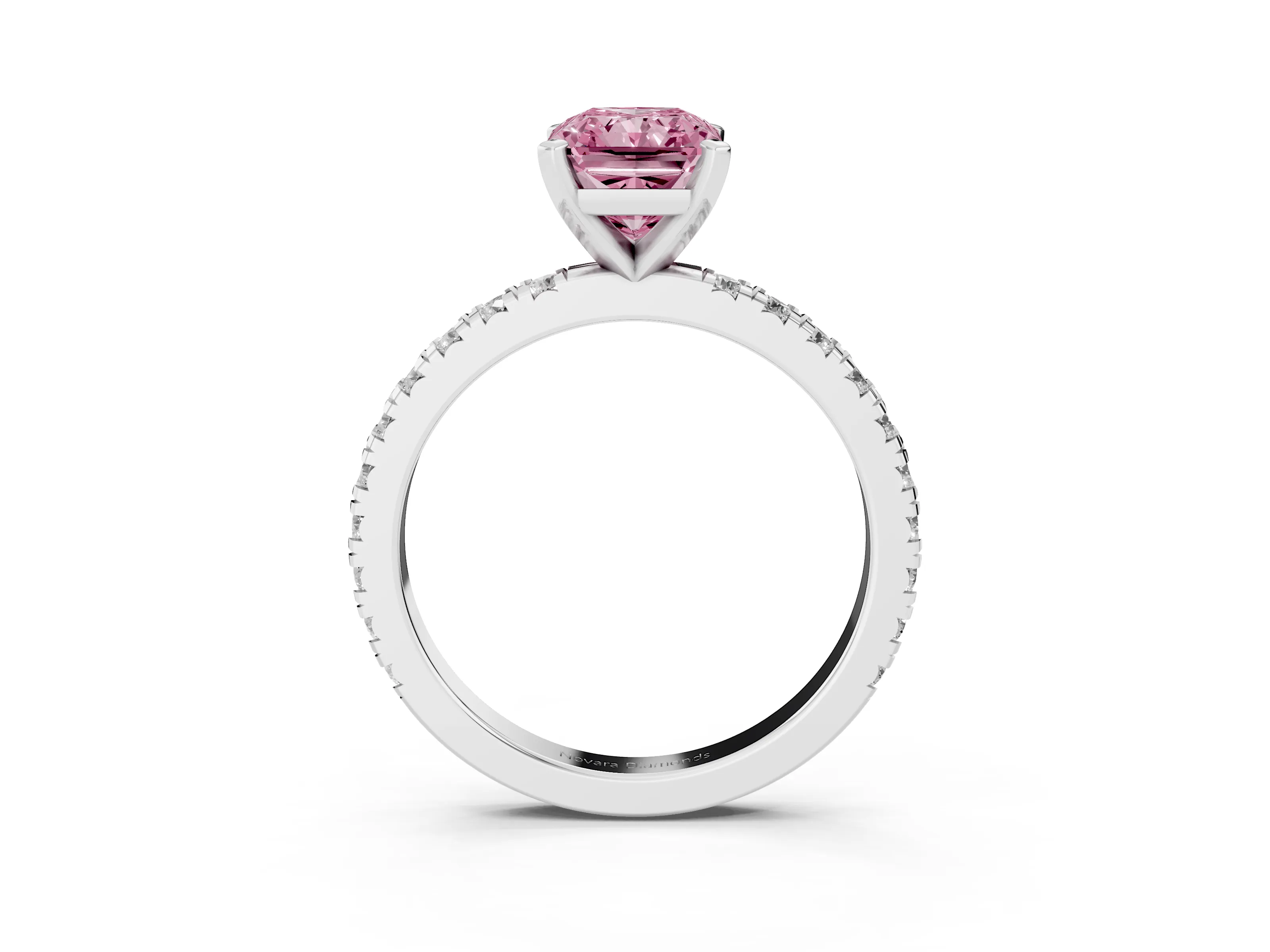 Fancy Pink Radiant Cut Diamond Pavé Band Solitaire Set in Platinum with Prong Setting