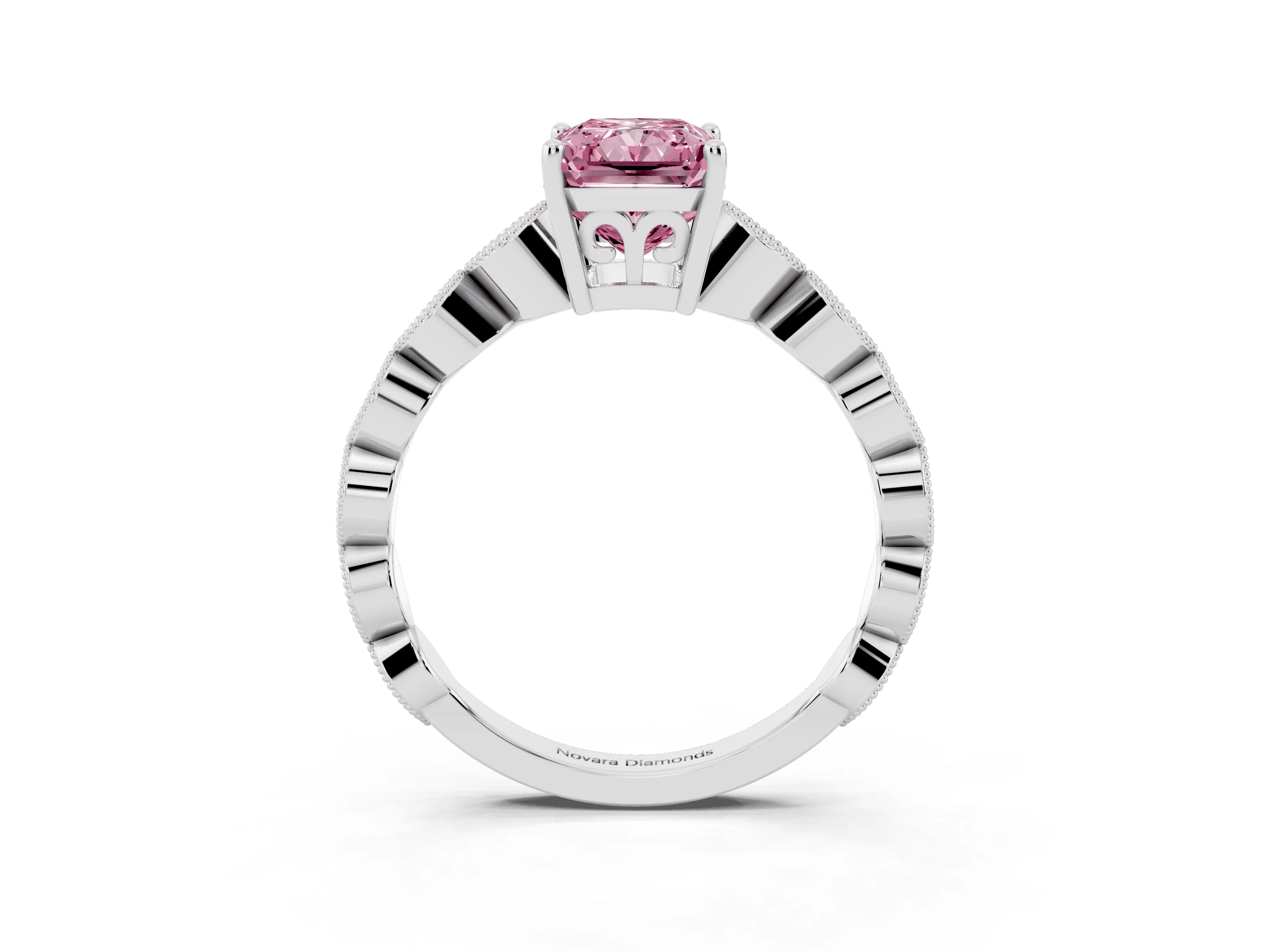 Fancy Pink Radiant Cut Diamond Solitaire Ring Set in Platinum with Infinity Twist Pavé Band