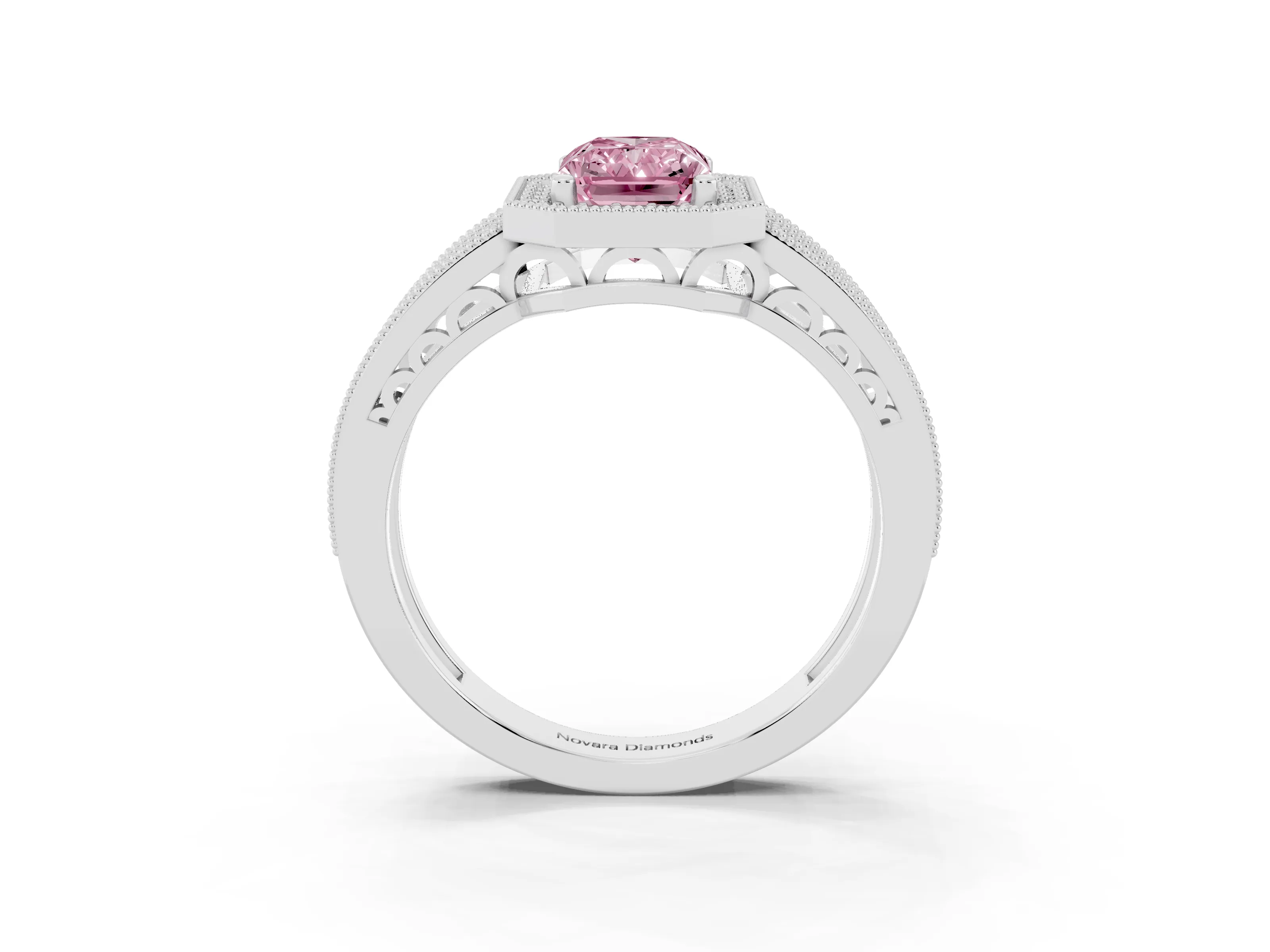 Fancy Pink Radiant Cut Diamond Halo Ring Set in Platinum with Accent Split Shank and Prong Setting