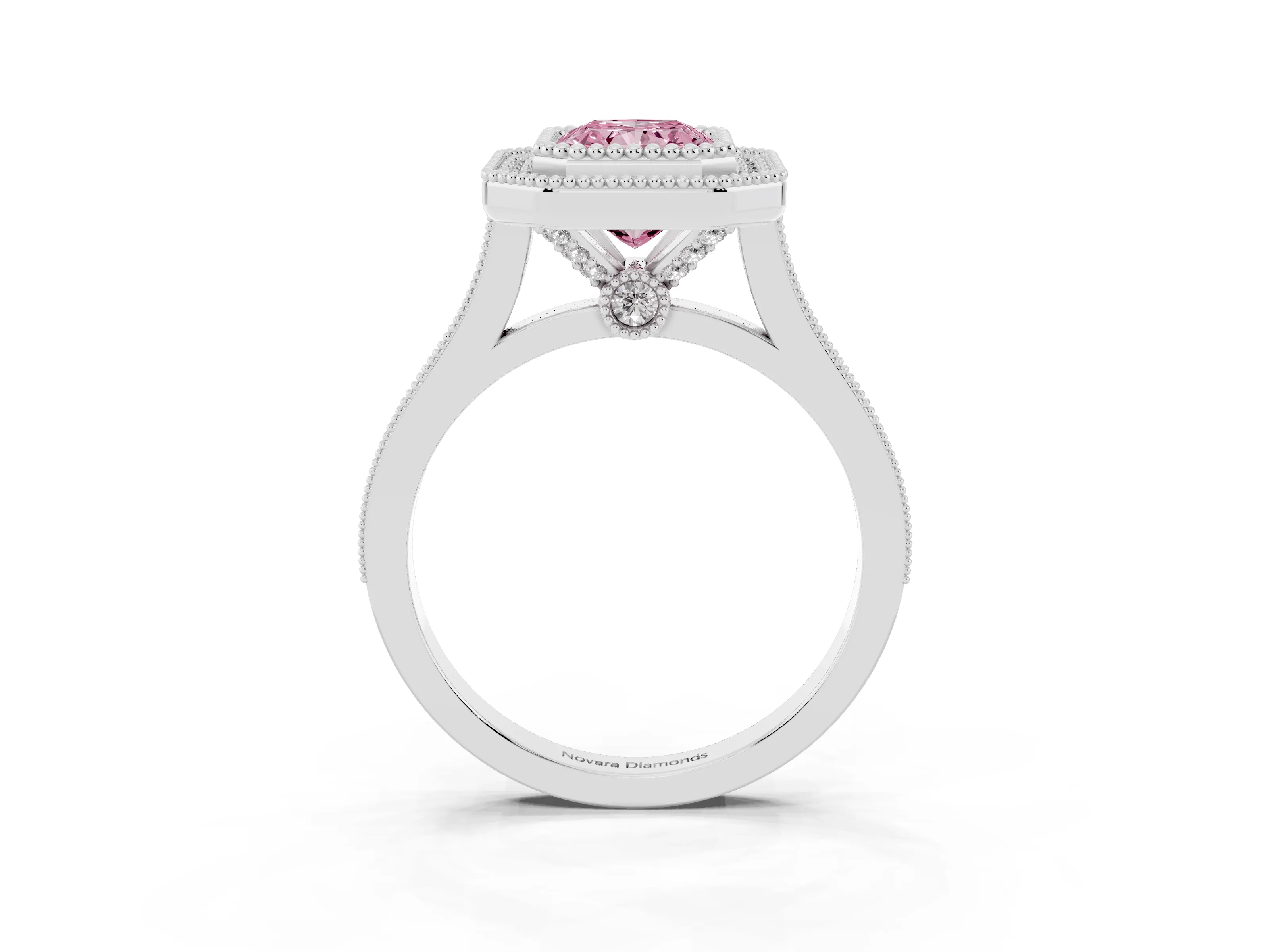 Fancy Pink Radiant Cut Diamond Halo Ring Set in White gold with Milgrain Frame and Pavé Band