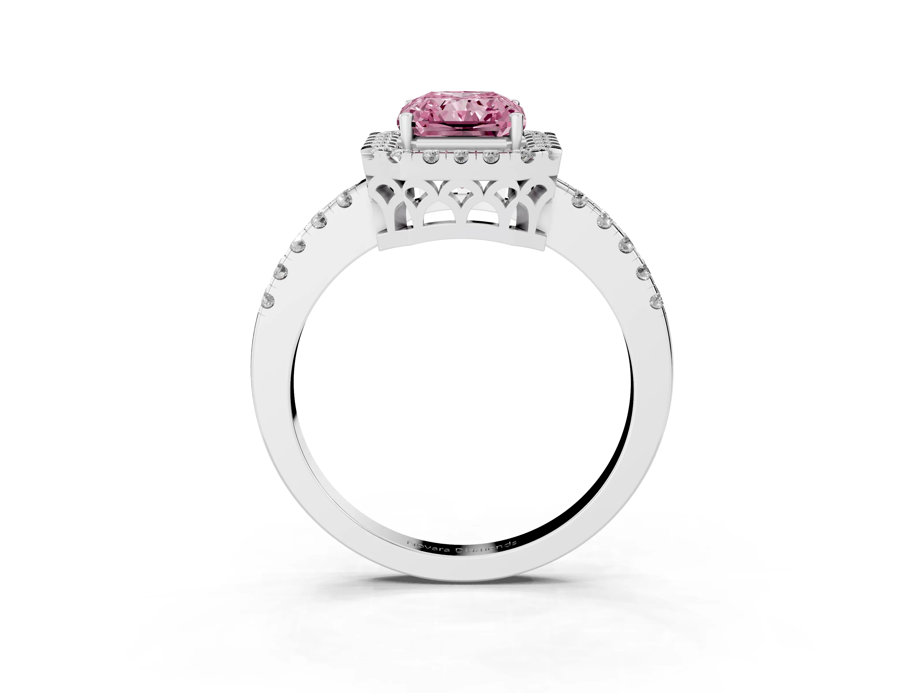 Fancy Pink Radiant Cut Diamond Pavé Band Halo Engagement Ring Set in Platinum with Prong Setting