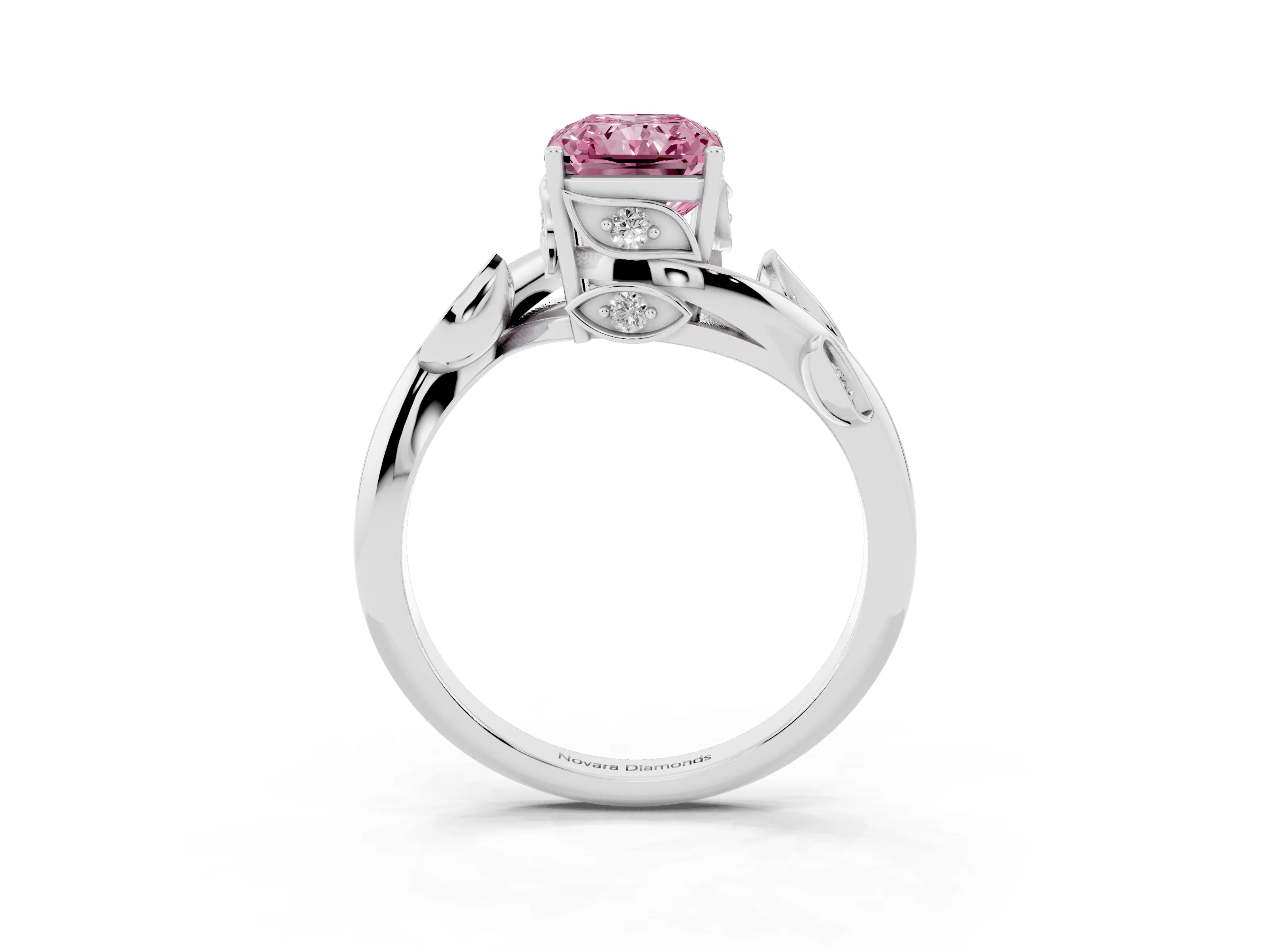 Fancy Pink Radiant Cut Diamond Solitaire Twist Engagement Ring Set in White gold with Pavé Leaf Accents