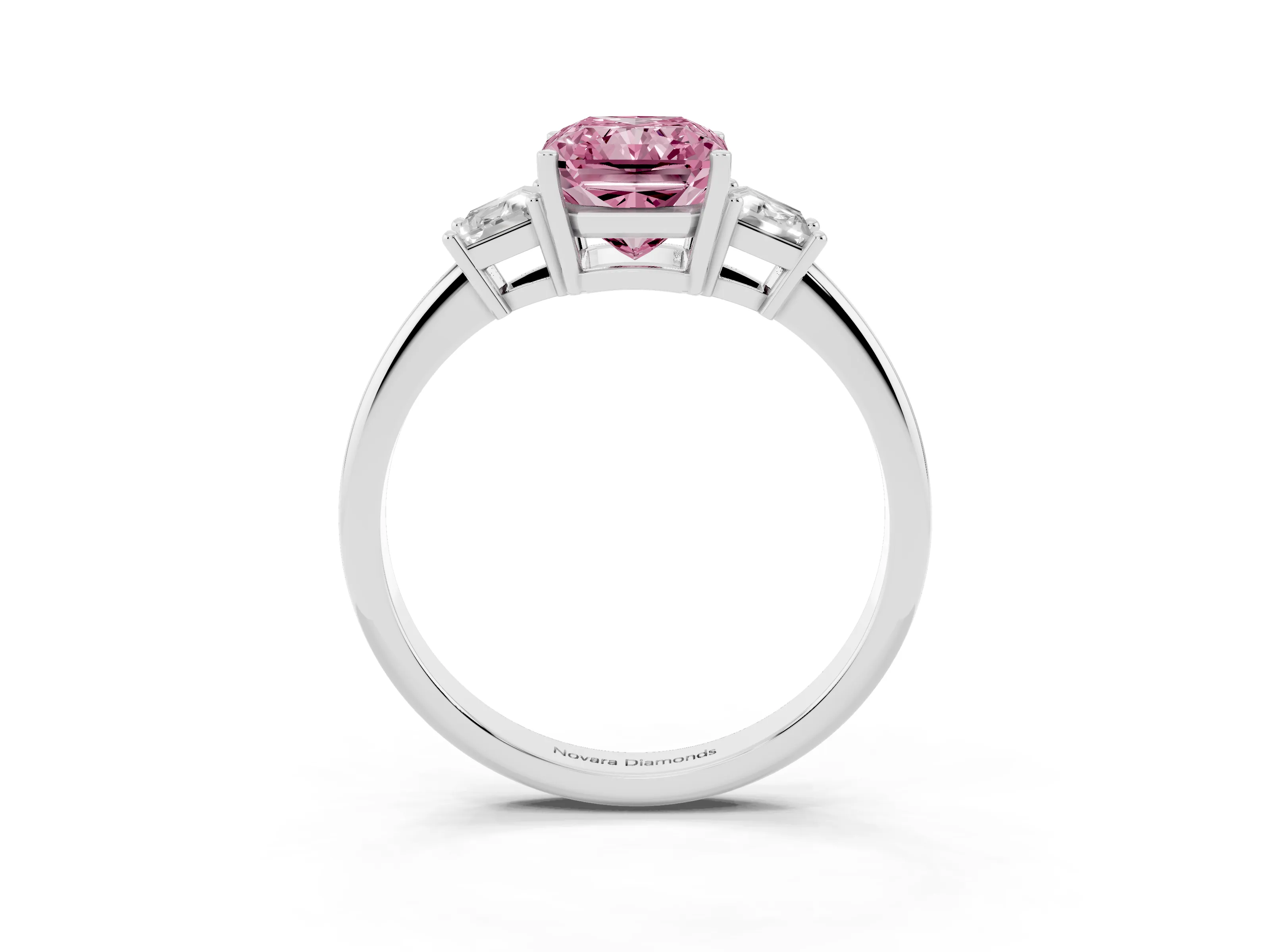 Fancy Pink Radiant Cut Diamond Three-Stone Ring Set in Silver with Trapezoid Side Stones and Prong Setting