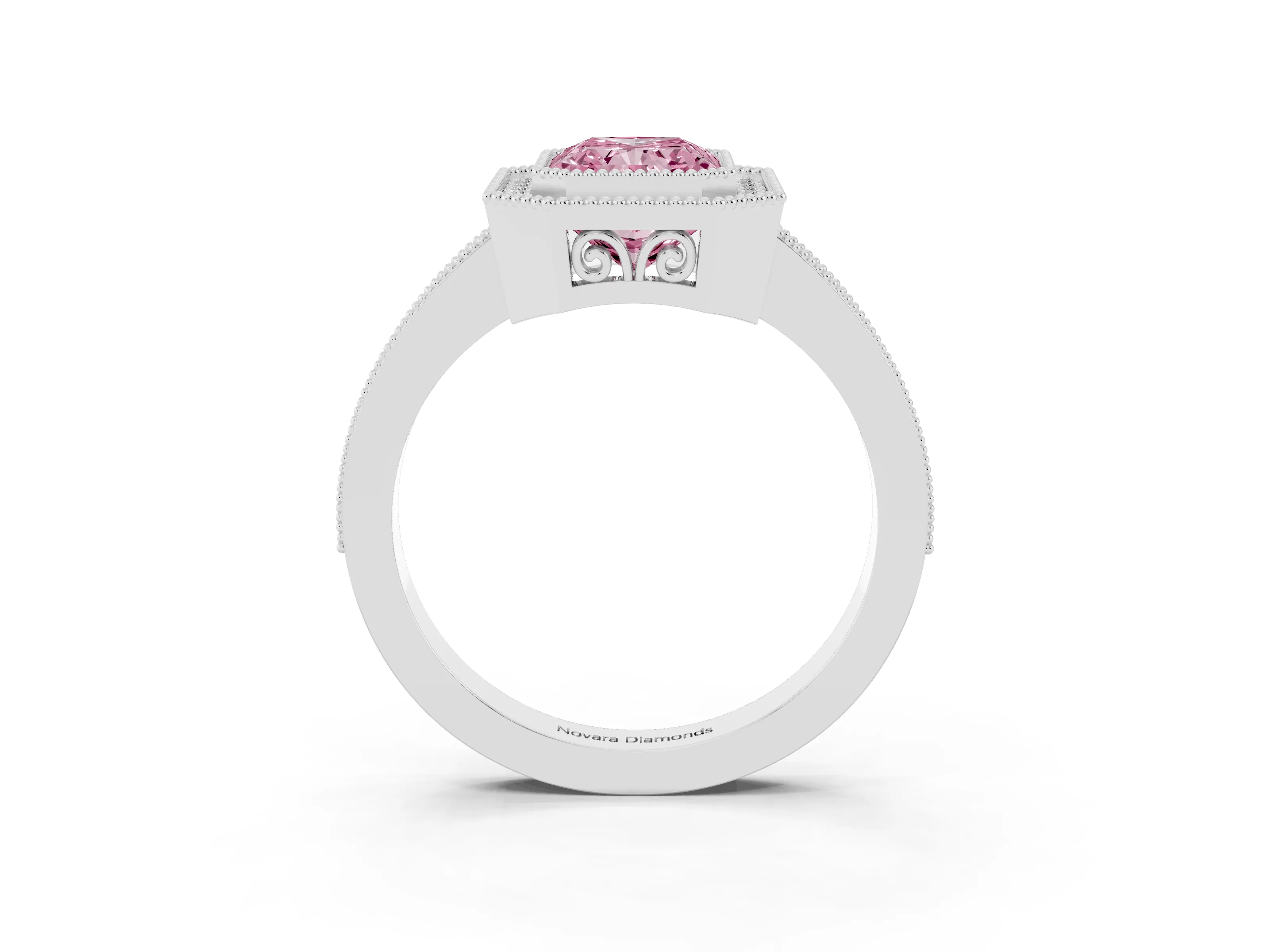 Fancy Pink Radiant Cut Diamond Halo Ring Set in White gold with Pavé Band and Milgrain-Edged Prongs